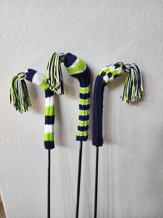 Hand Knit Golf Club Head Covers Retro-Vintage Navy, Lime Green & White with Tassels for Driver & Fairway Woods - Austinknittylimits