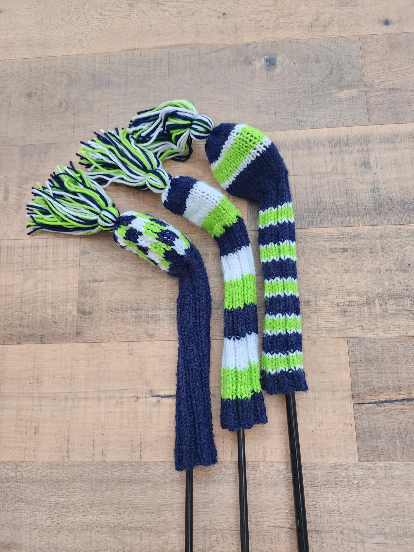 Hand Knit Golf Club Head Covers Retro-Vintage Navy, Lime Green & White with Tassels for Driver & Fairway Woods - Austinknittylimits