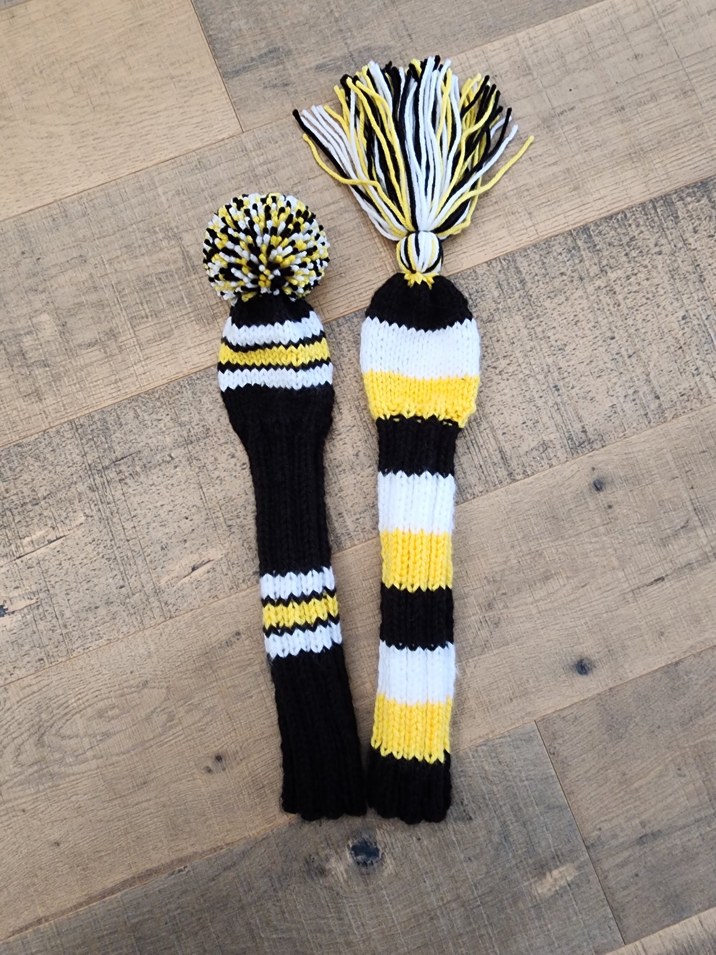 Two Golf Club Head Covers Retro-Vintage Black, Yellow & White with Tassels for Fairway Wood & Hybrid Covers - Austinknittylimits