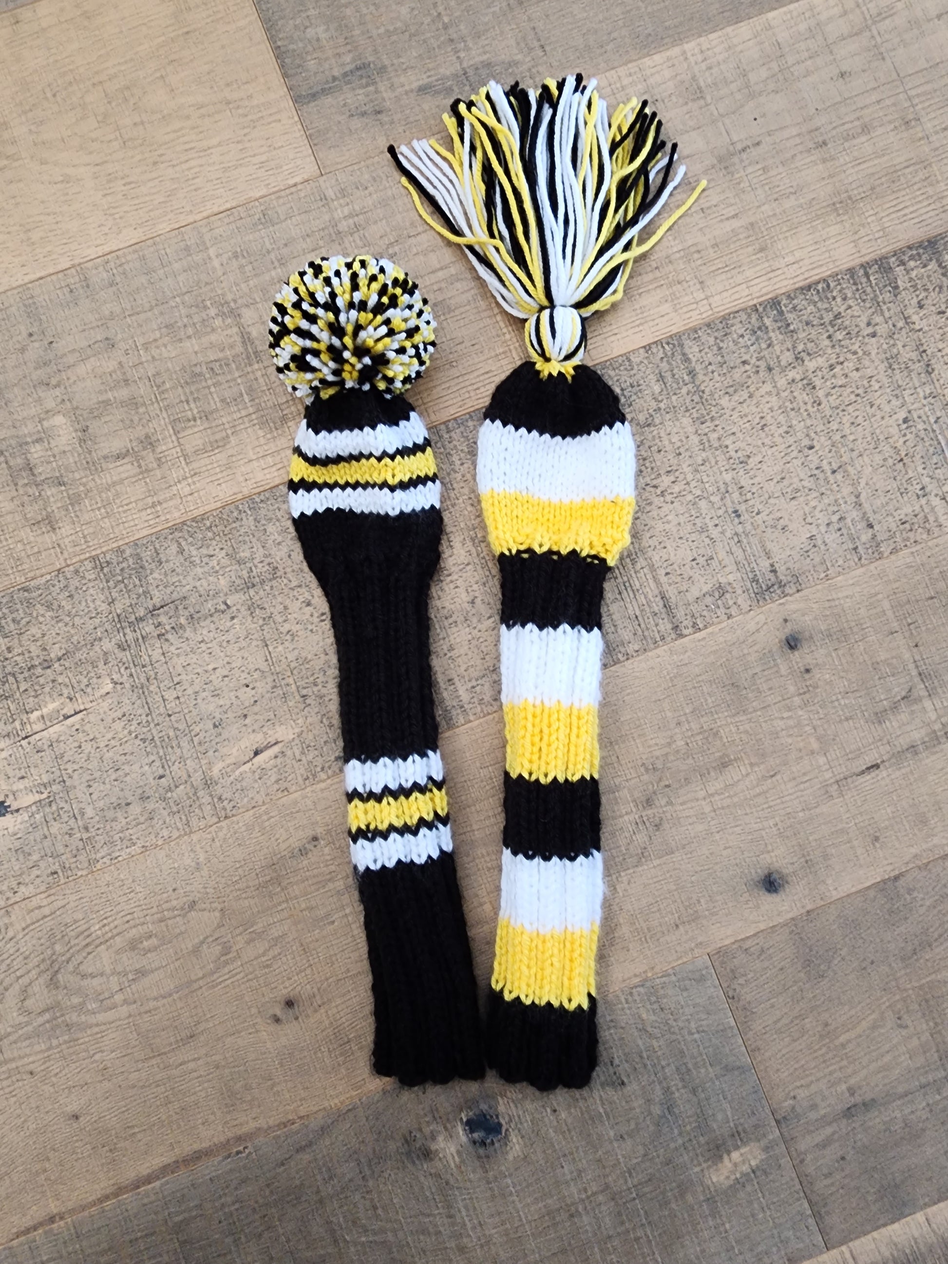 Two Golf Club Head Covers Retro-Vintage Black, Yellow & White with Tassels for Fairway Wood & Hybrid Covers - Austinknittylimits