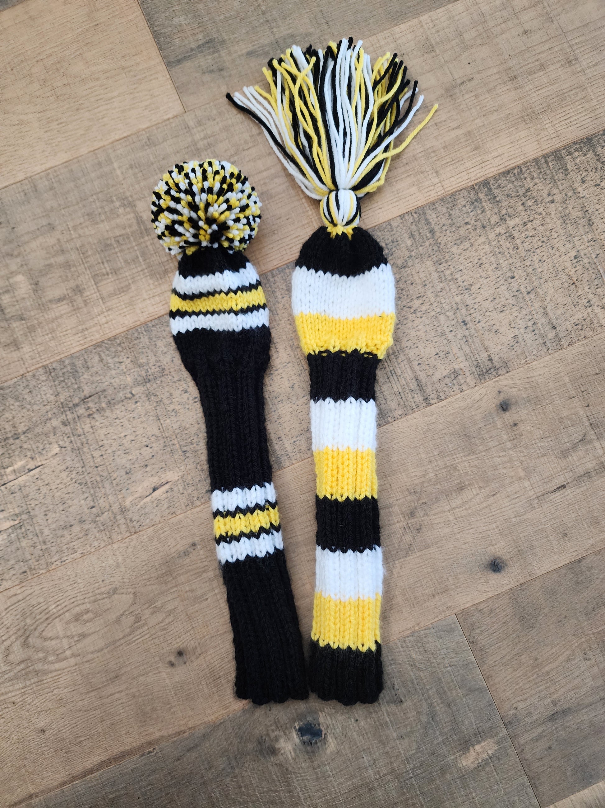 Two Golf Club Head Covers Retro-Vintage Black, Yellow & White with Tassels for Fairway Wood & Hybrid Covers - Austinknittylimits