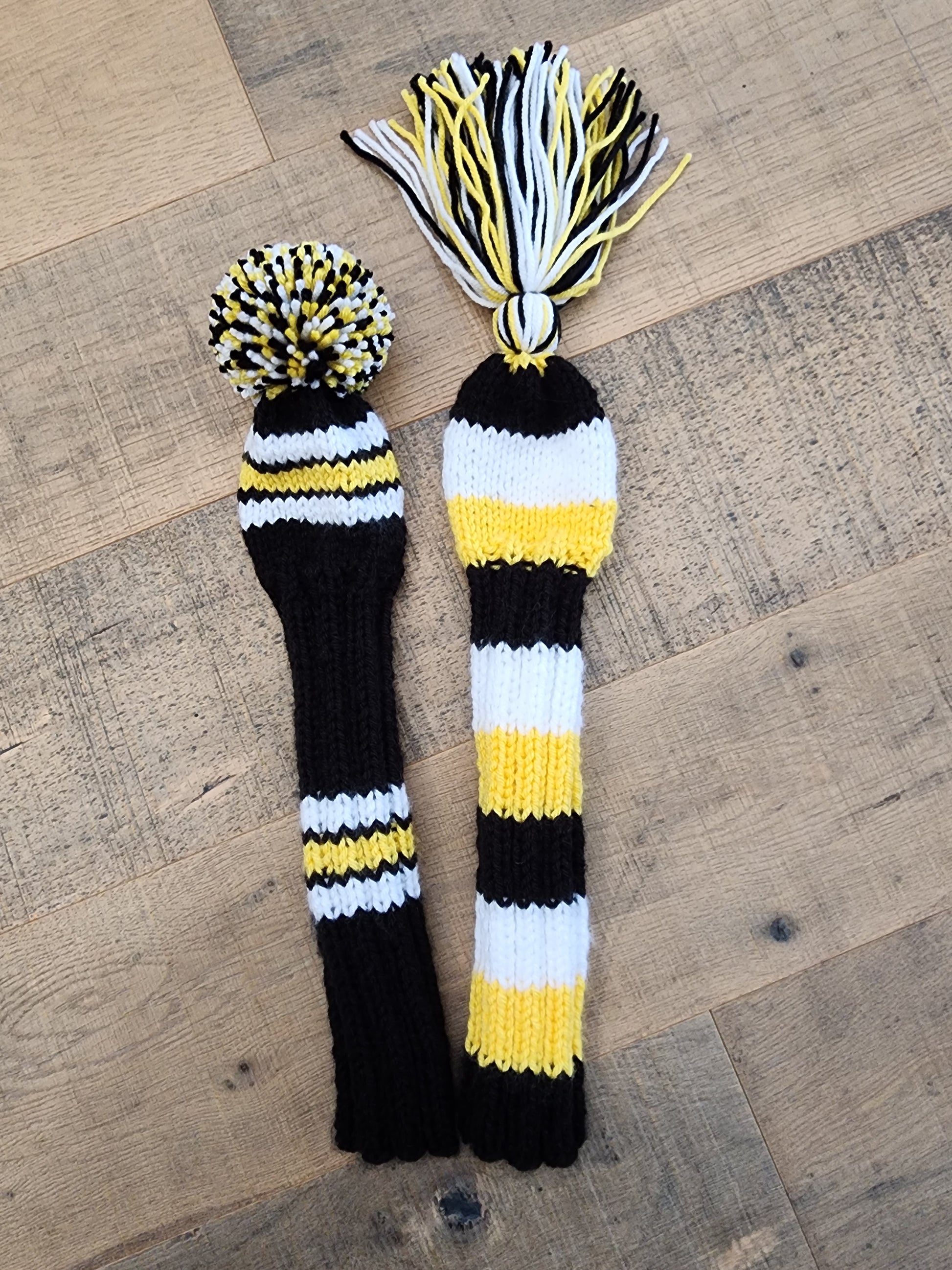 Two Golf Club Head Covers Retro-Vintage Black, Yellow & White with Tassels for Fairway Wood & Hybrid Covers - Austinknittylimits
