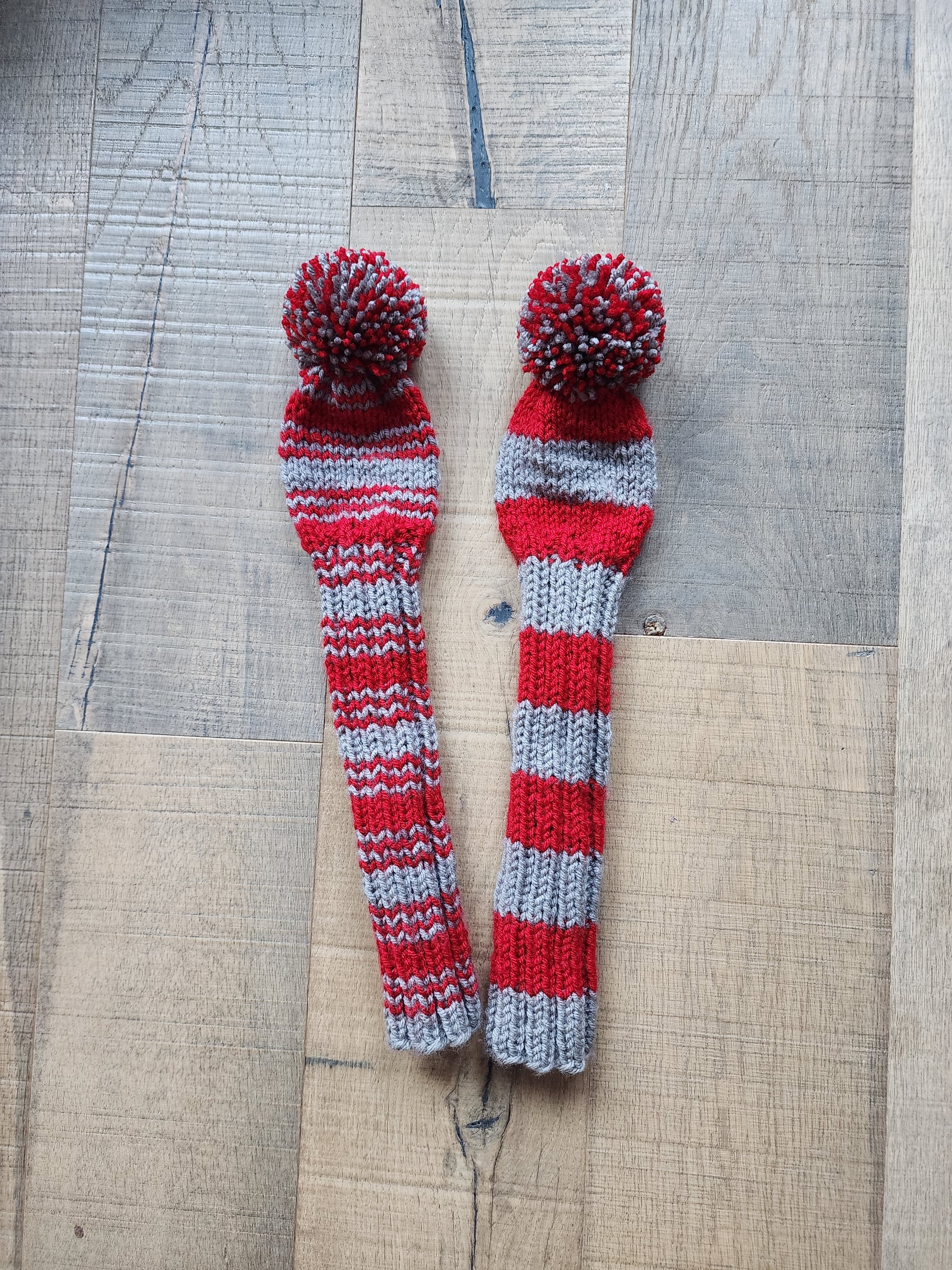 Two Golf Club Head Covers Retro-Vintage Scarlett & Gray with Pom Poms for Fairway Woods - Austinknittylimits