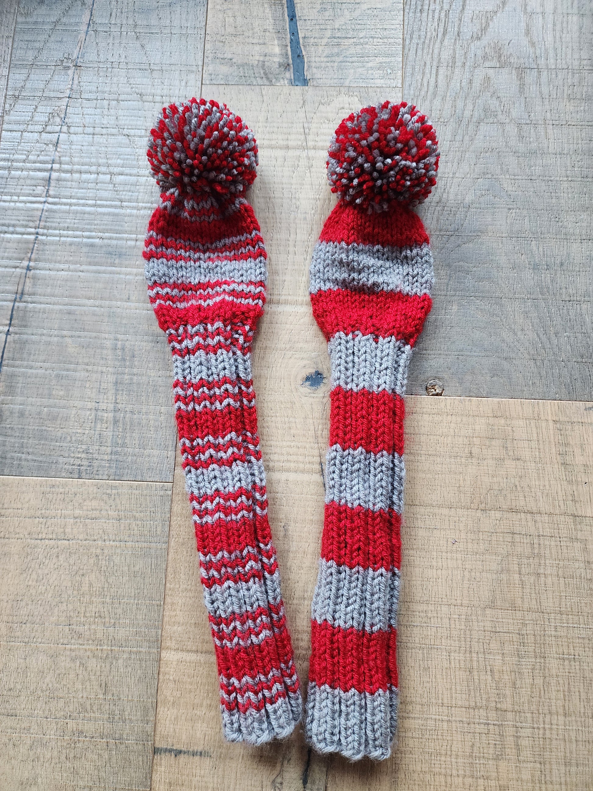Two Golf Club Head Covers Retro-Vintage Scarlett & Gray with Pom Poms for Fairway Woods - Austinknittylimits