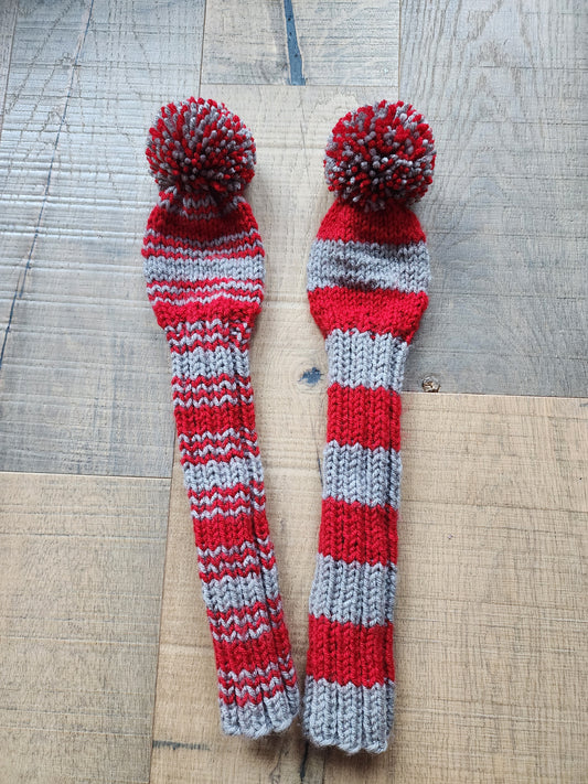 Two Golf Club Head Covers Retro-Vintage Scarlett & Gray with Pom Poms for Fairway Woods - Austinknittylimits