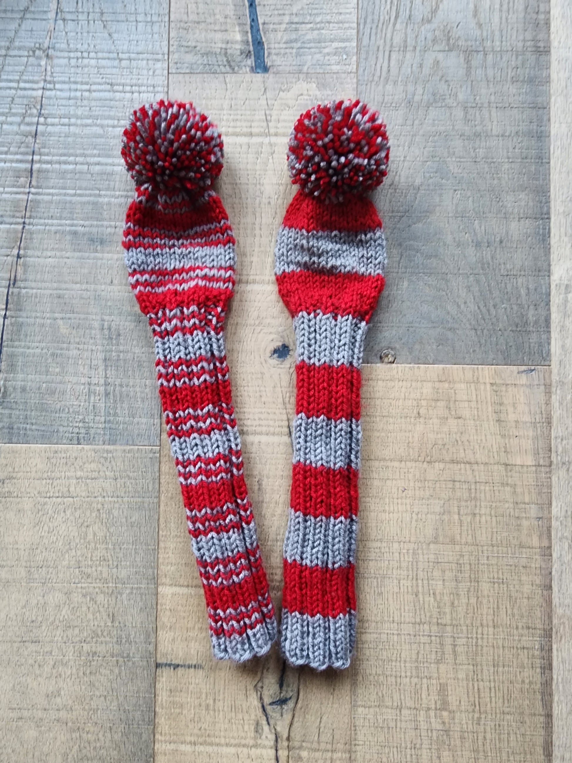 Two Golf Club Head Covers Retro-Vintage Scarlett & Gray with Pom Poms for Fairway Woods - Austinknittylimits