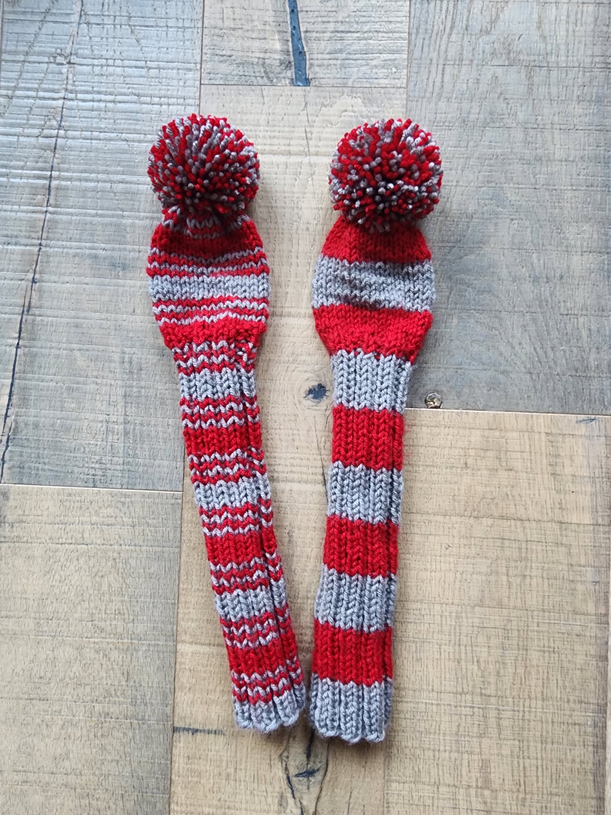 Two Golf Club Head Covers Retro-Vintage Scarlett & Gray with Pom Poms for Fairway Woods - Austinknittylimits