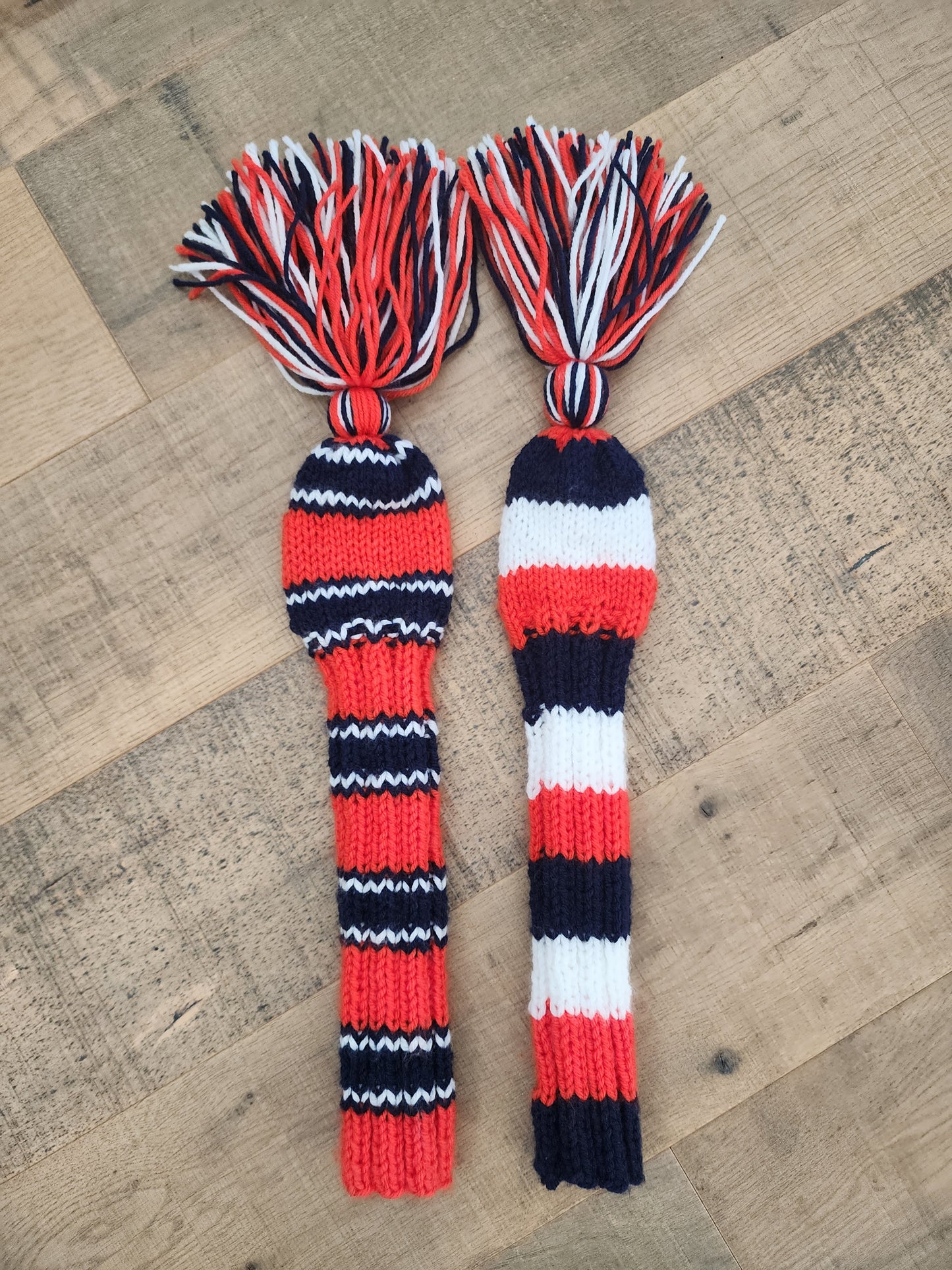 Two Golf Club Head Covers Retro-Vintage Navy, Orange & White with Tassels for Fairway Woods - Austinknittylimits