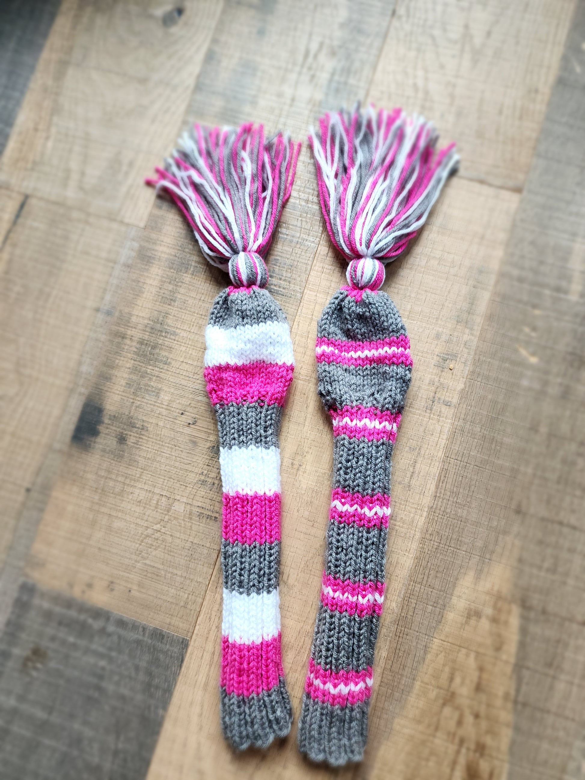 Two Golf Club Head Covers Retro-Vintage Pink, Gray & White with Tassels for Fairway Wood & Driver - Austinknittylimits