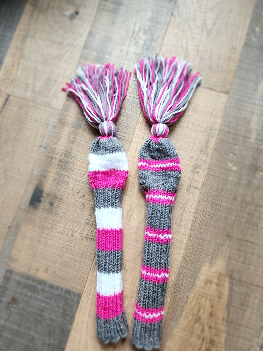 Two Golf Club Head Covers Retro-Vintage Pink, Gray & White with Tassels for Fairway Wood & Driver - Austinknittylimits