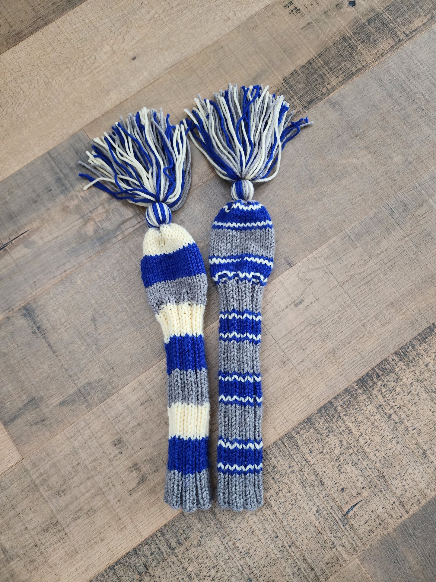 Hand Knit Golf Club Head Covers Retro-Vintage Blue, Yellow & Gray with Tassels for Fairway Woods - Austinknittylimits