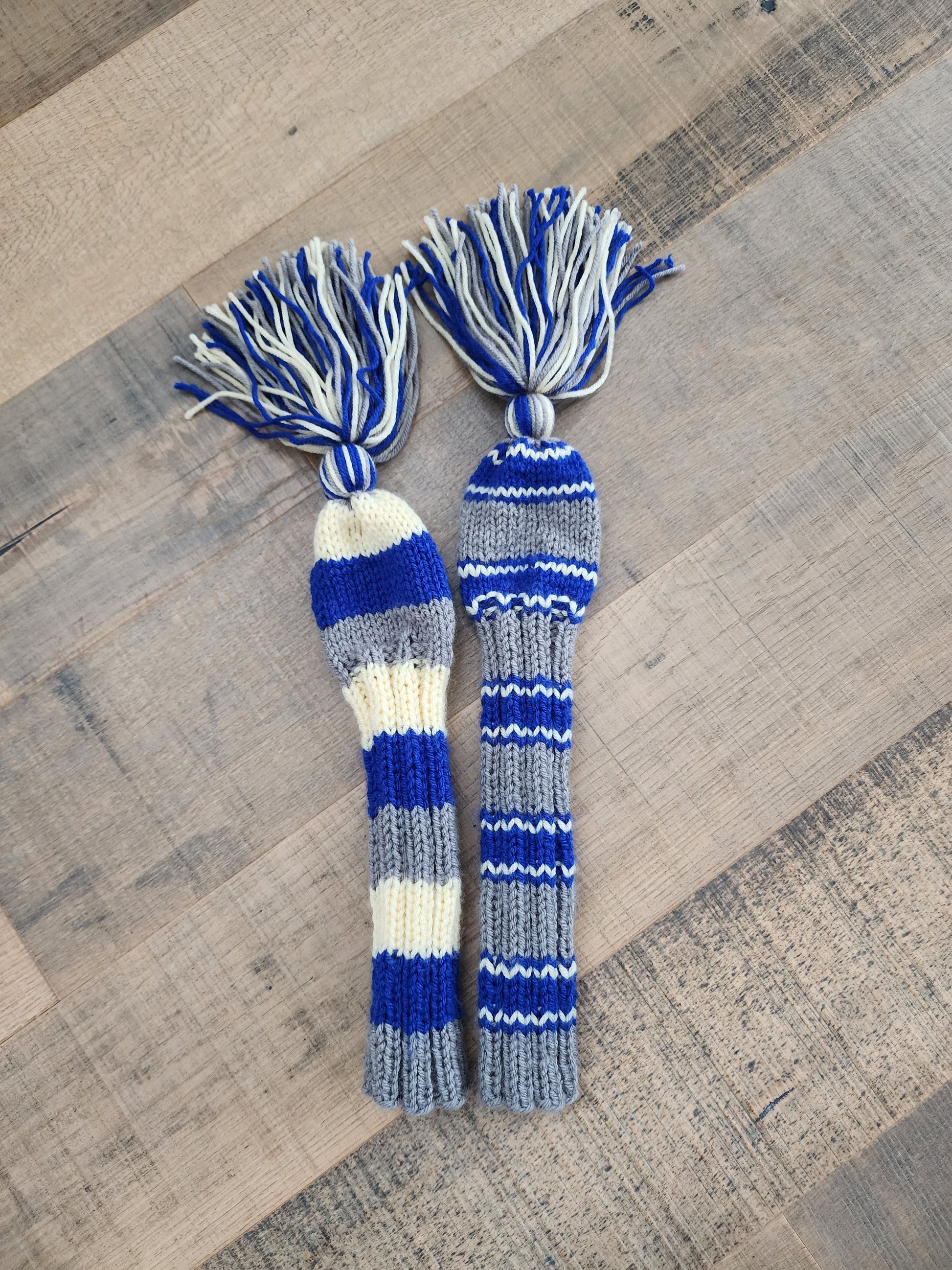 Hand Knit Golf Club Head Covers Retro-Vintage Blue, Yellow & Gray with Tassels for Fairway Woods - Austinknittylimits