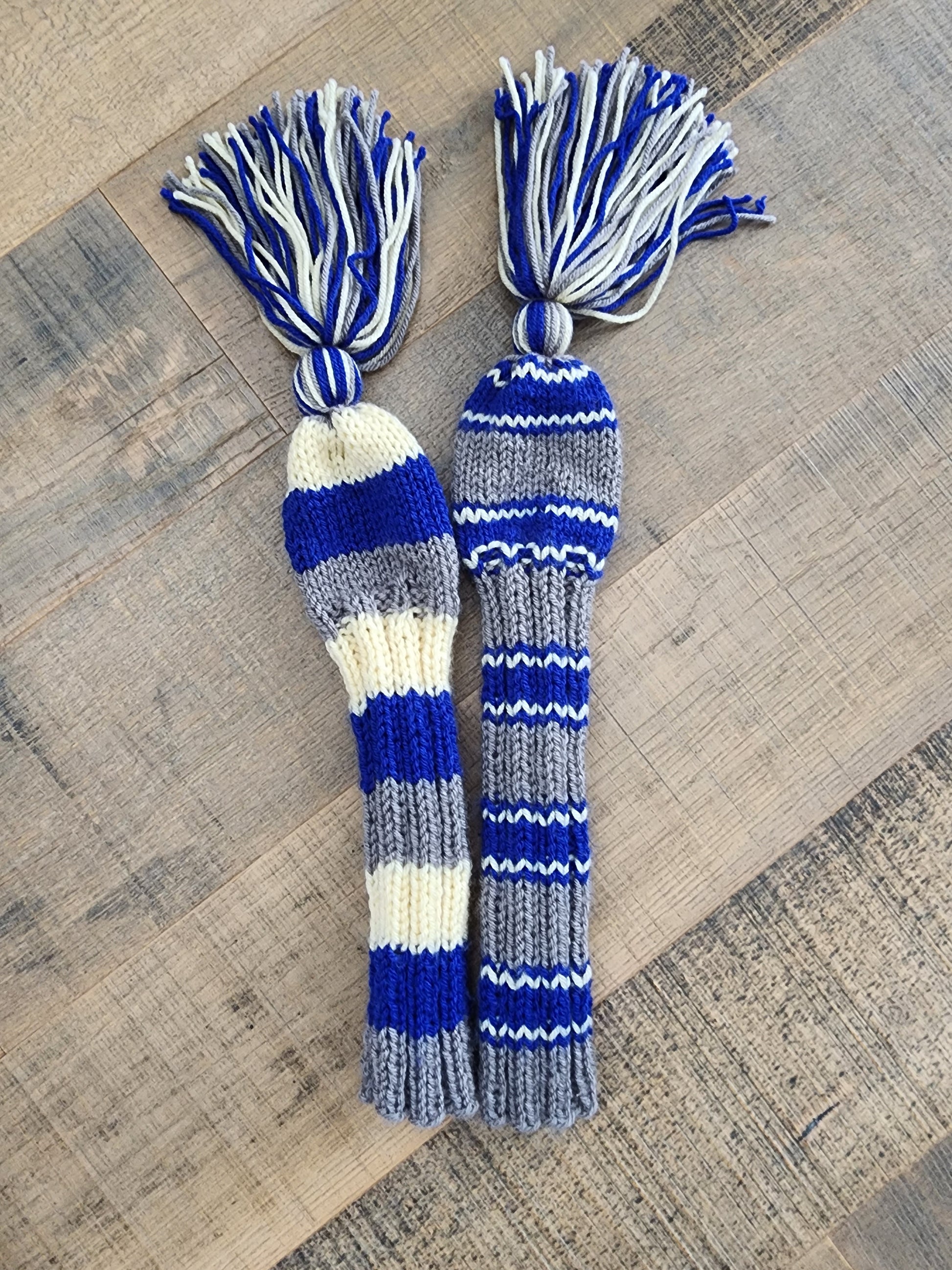 Hand Knit Golf Club Head Covers Retro-Vintage Blue, Yellow & Gray with Tassels for Fairway Woods - Austinknittylimits