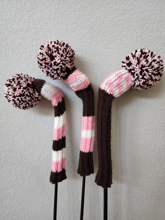 Golf Club Head Covers Hand Knit Set of 3 Retro-Vintage Brown, Pink & White with Pom Poms for Drivers, Woods