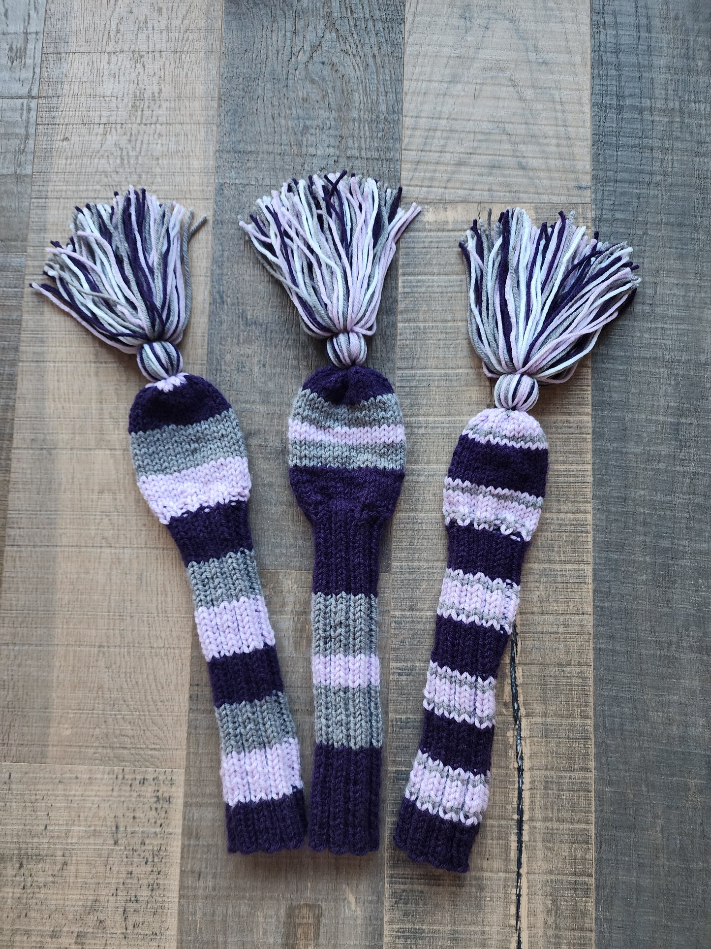 Three Golf Club Head Covers Retro-Vintage Purple & Gray with Tassels for Drivers, Woods