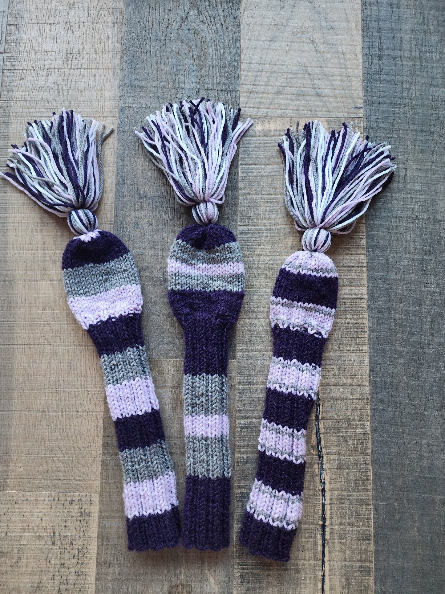 Three Golf Club Head Covers Retro-Vintage Purple & Gray with Tassels for Drivers, Woods