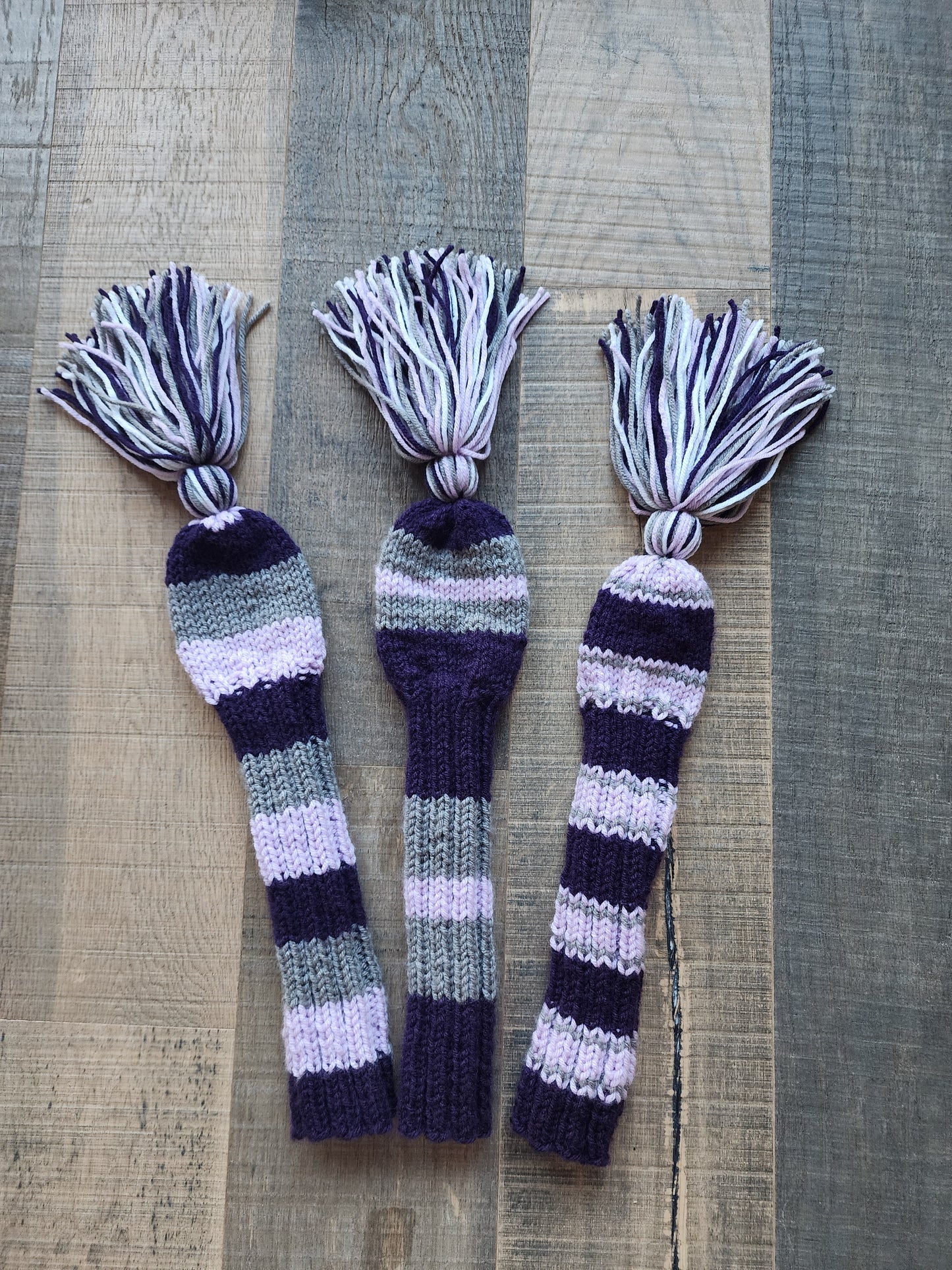 Three Golf Club Head Covers Retro-Vintage Purple & Gray with Tassels for Drivers, Woods