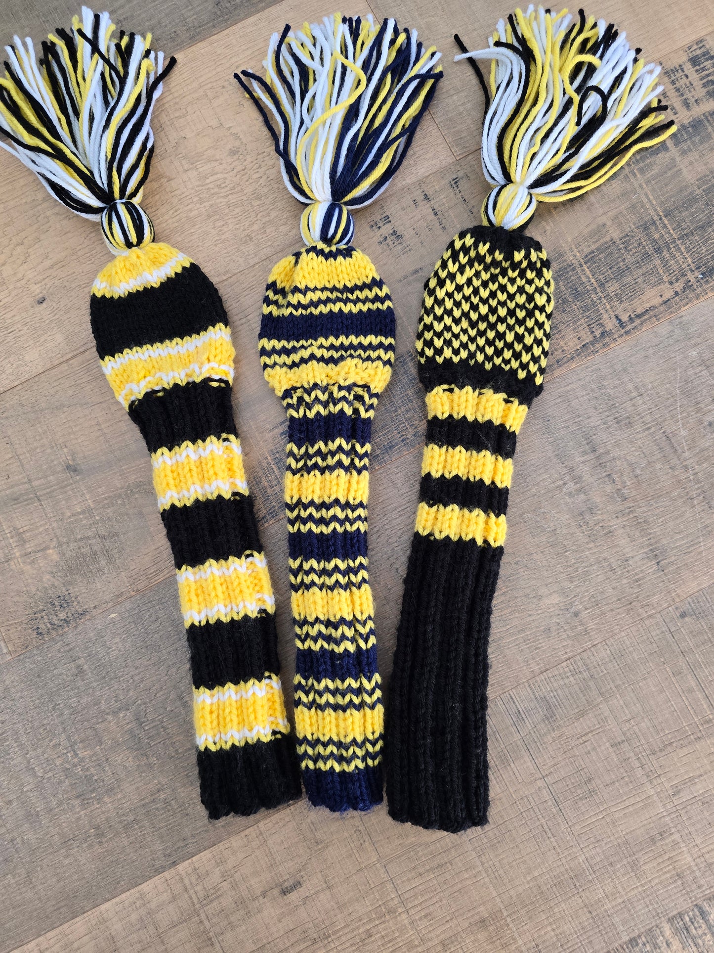 Three Hybrid Golf Club Head Covers in Black, Blue, Yellow with Tassels for Dylan