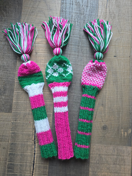Golf Club Head Covers Retro-Vintage Pink, Green & White with Tassels for Drivers, Woods Hand Knit Golf Accessory