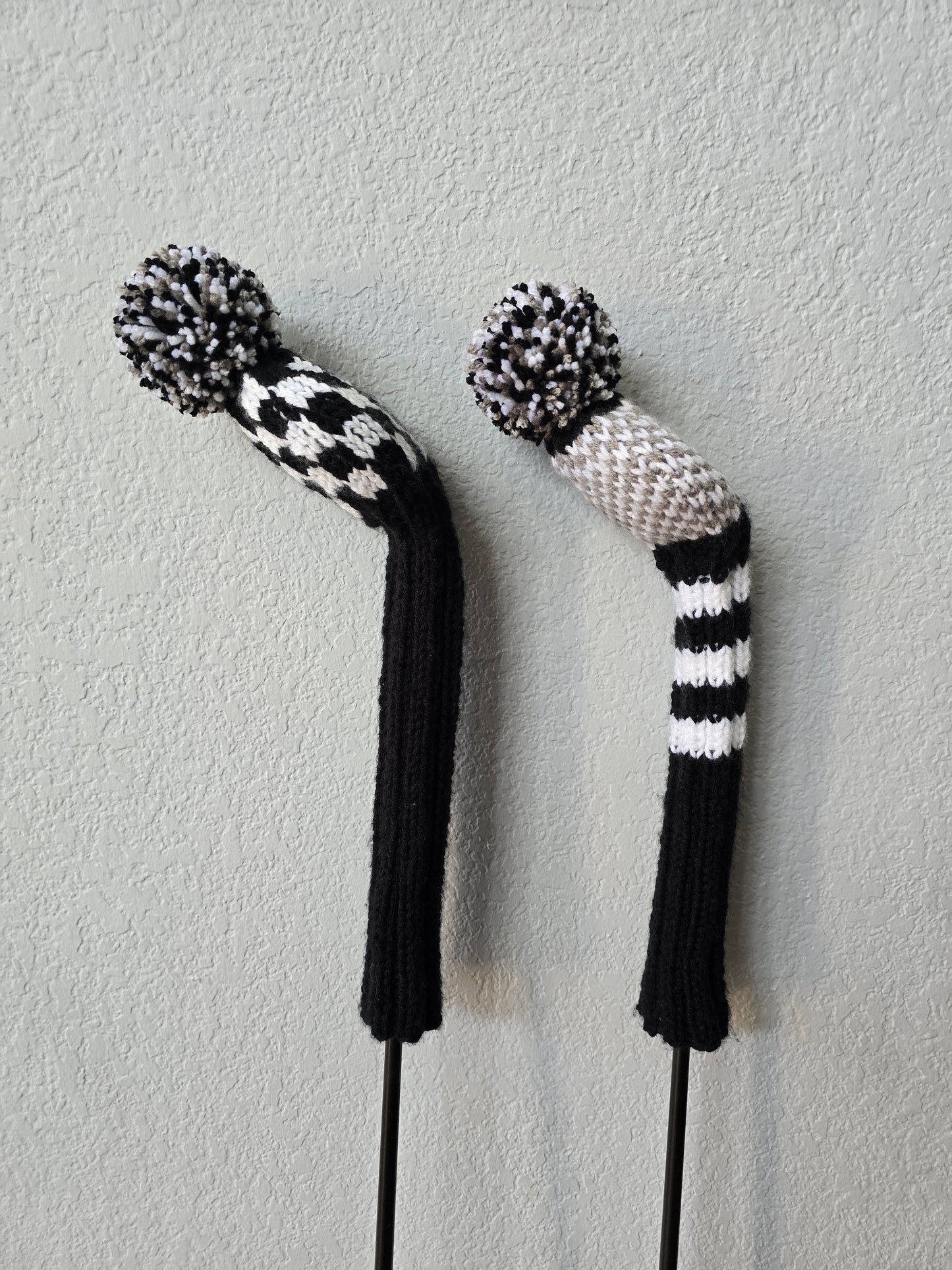 Golf Club Covers Hand Knit Black & White with Pom Poms for Fairway Woods