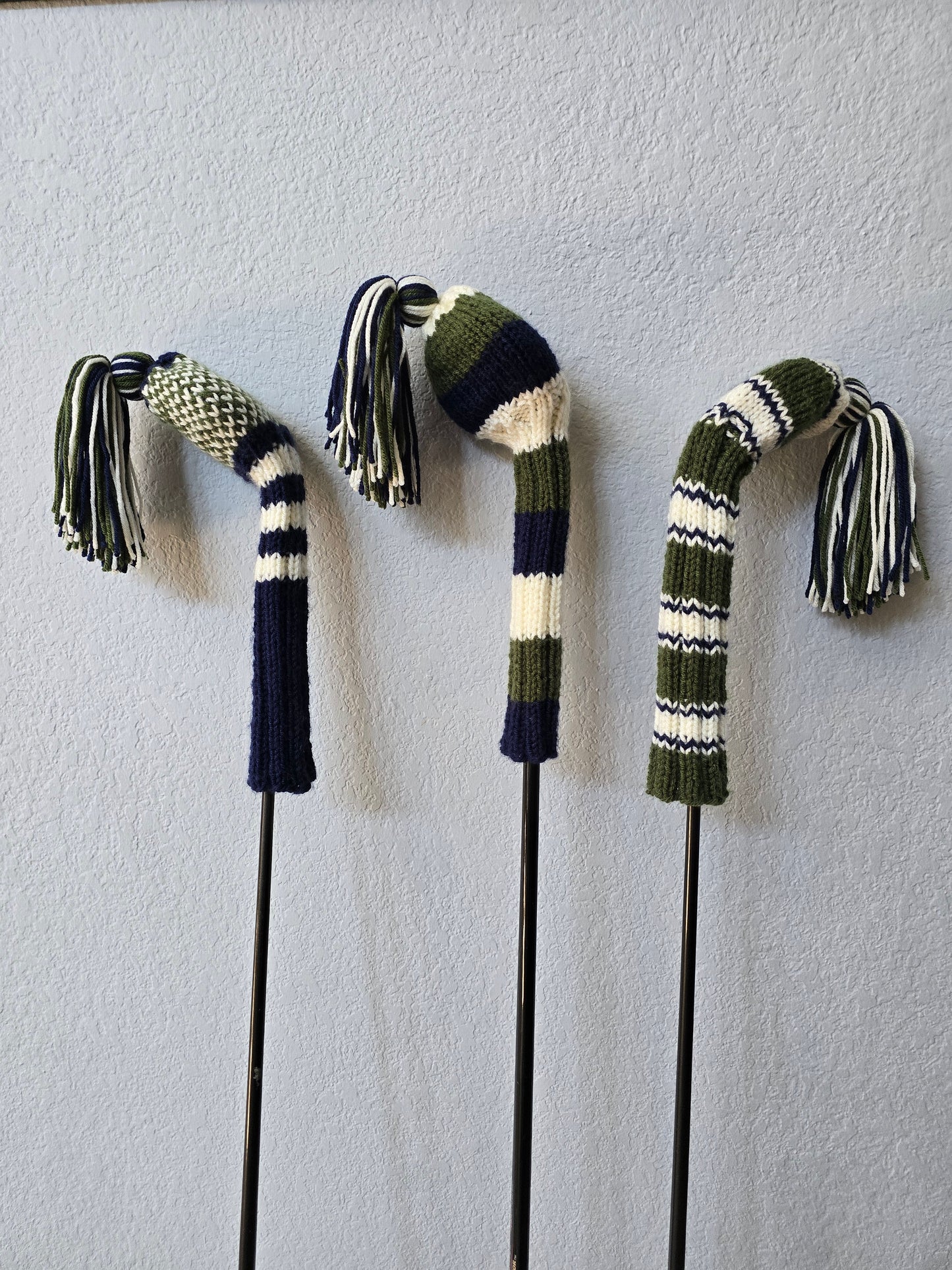 Hand Knit Golf Club Head Covers Retro-Vintage Navy, Green & Ivory Set of Three Driver & Fairway Woods