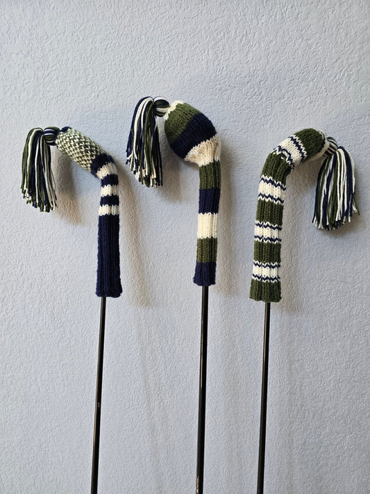 Hand Knit Golf Club Head Covers Retro-Vintage Navy, Green & Ivory Set of Three Driver & Fairway Woods