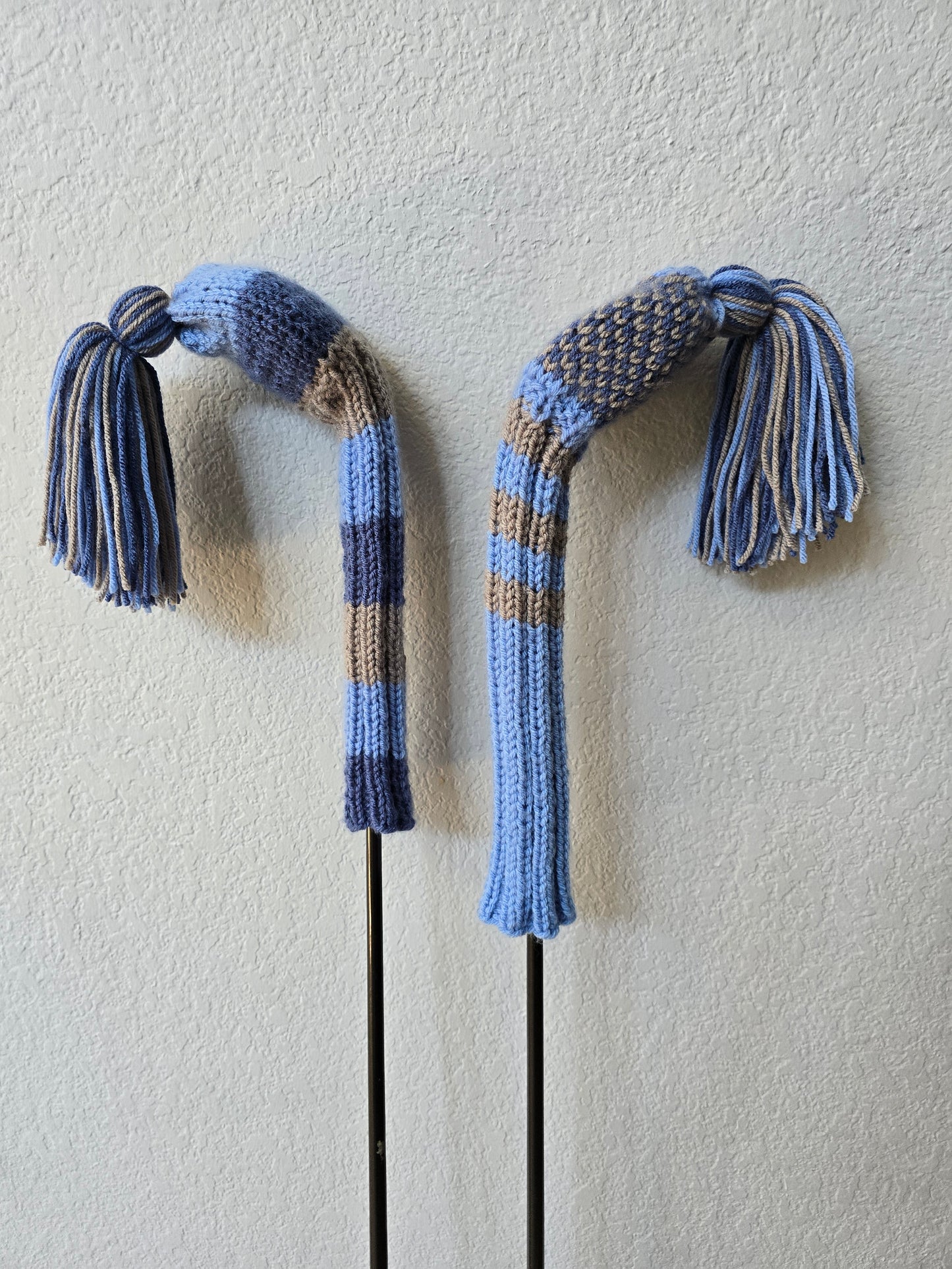 Hand Knit Golf Club Head Covers Retro-Vintage Black, Vlue & Gray with Tassels for Fairway Woods