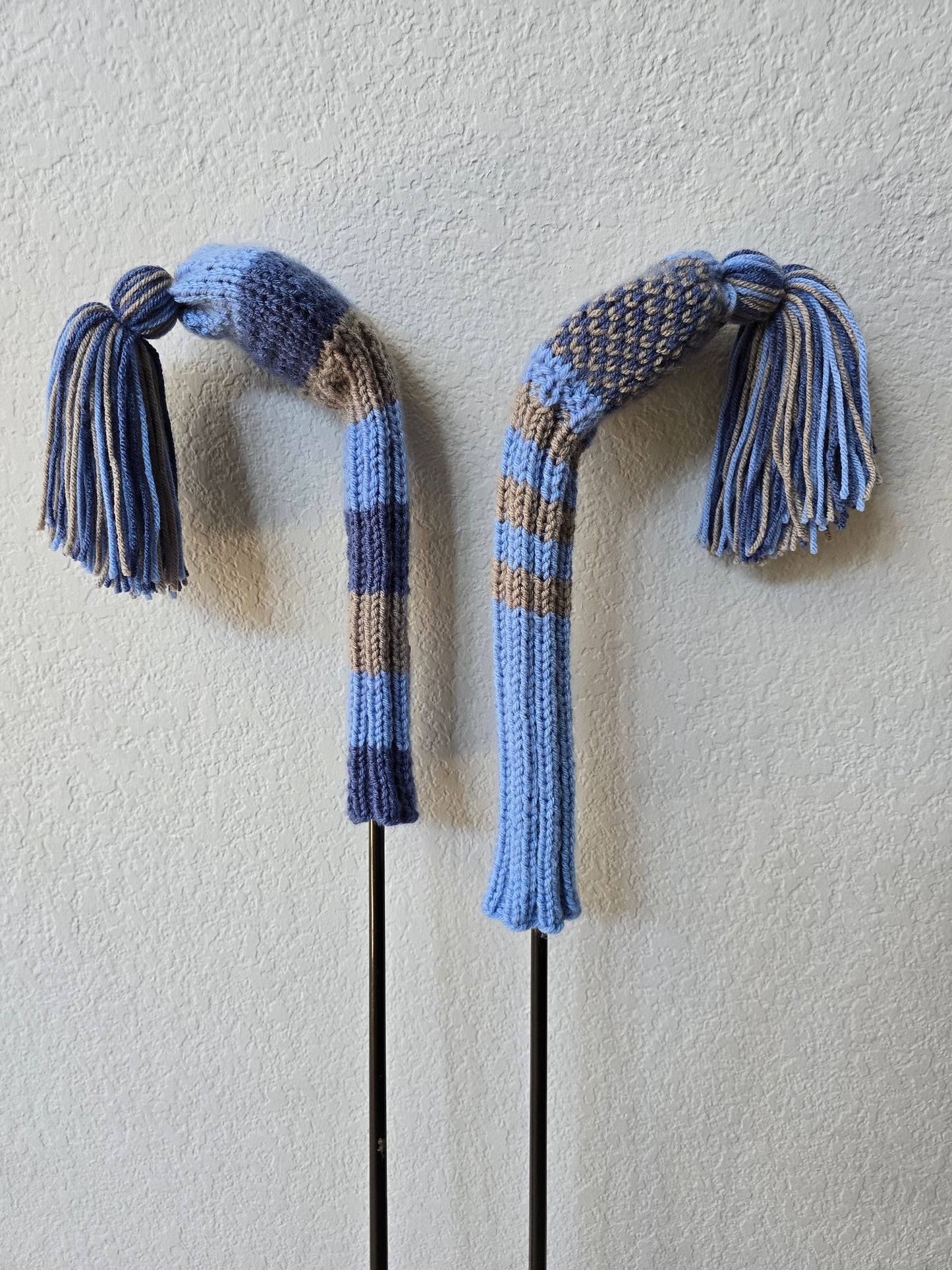 Hand Knit Golf Club Head Covers Retro-Vintage Black, Vlue & Gray with Tassels for Fairway Woods