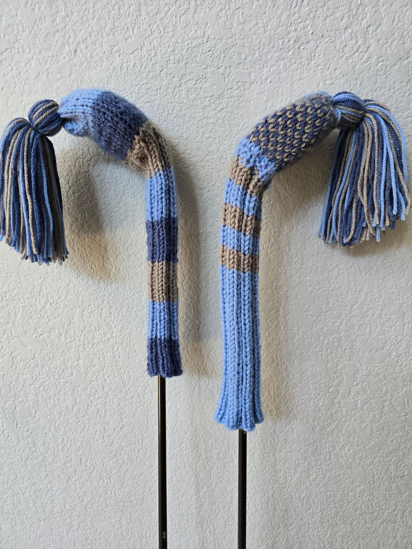 Hand Knit Golf Club Head Covers Retro-Vintage Black, Vlue & Gray with Tassels for Fairway Woods