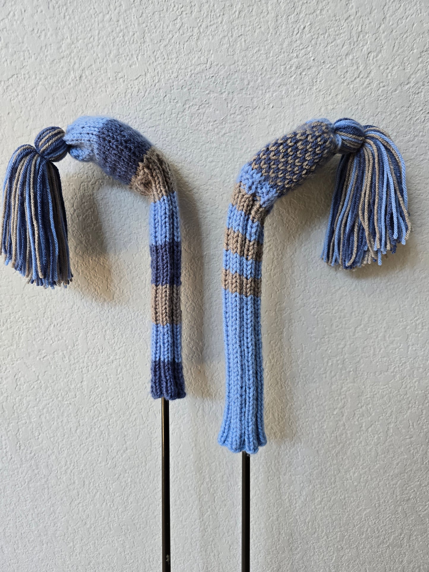 Hand Knit Golf Club Head Covers Retro-Vintage Black, Vlue & Gray with Tassels for Fairway Woods