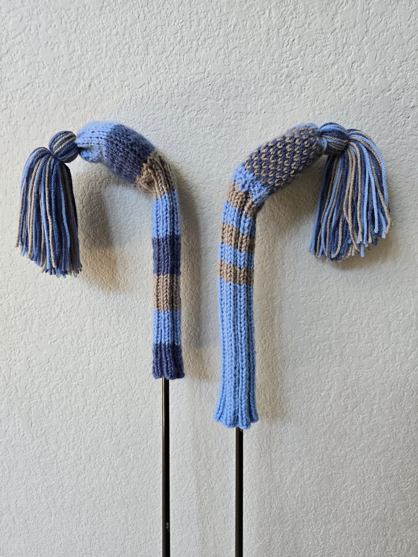 Hand Knit Golf Club Head Covers Retro-Vintage Black, Vlue & Gray with Tassels for Fairway Woods