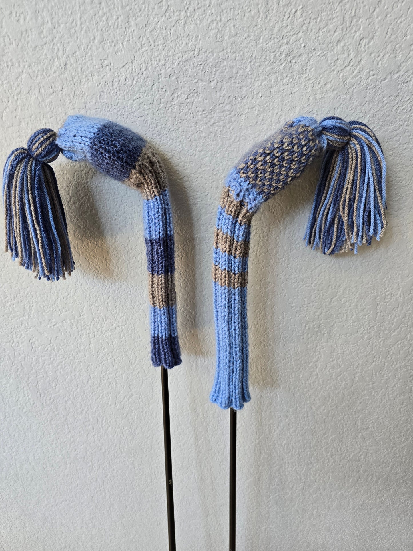 Hand Knit Golf Club Head Covers Retro-Vintage Black, Vlue & Gray with Tassels for Fairway Woods