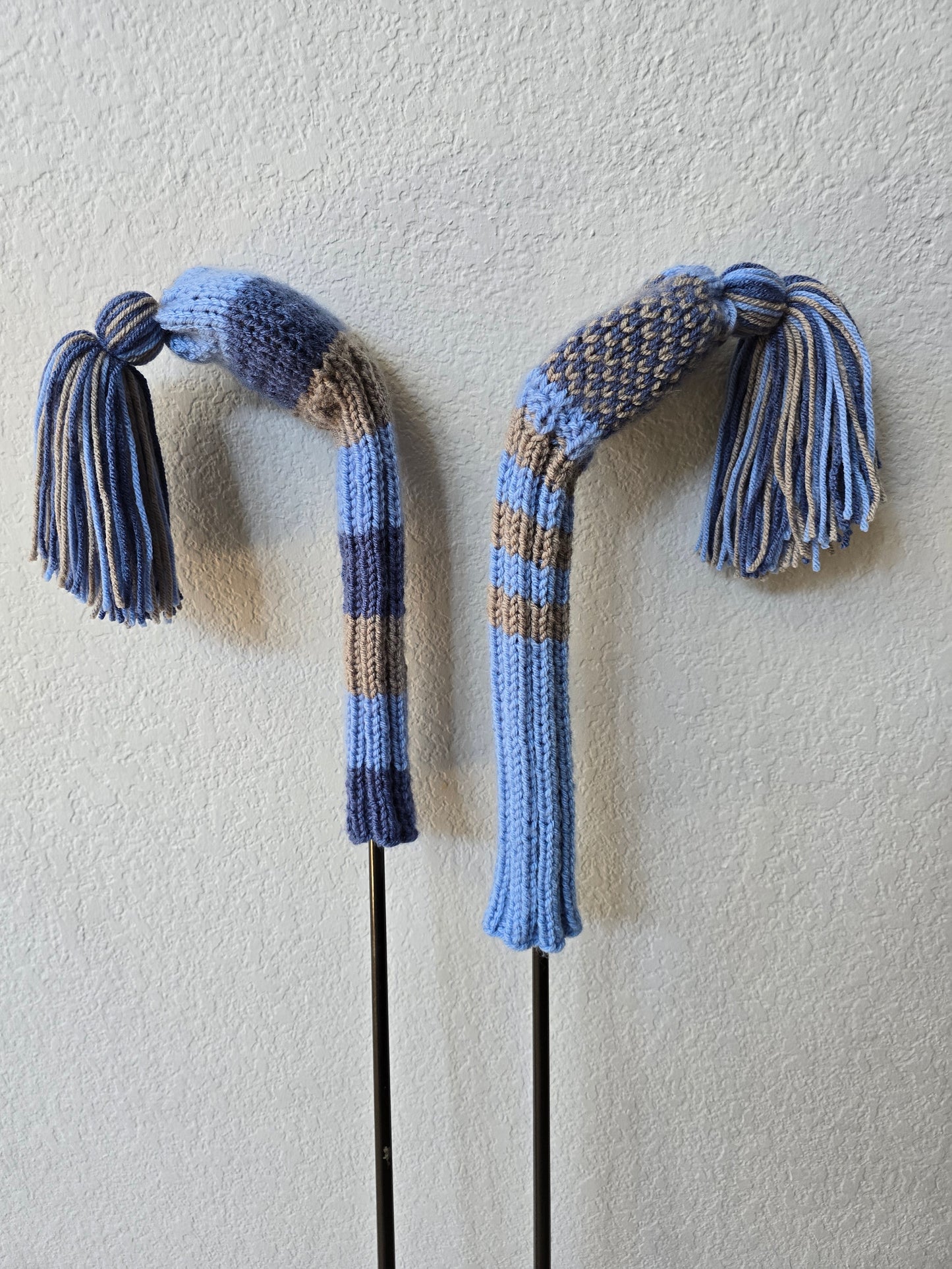 Hand Knit Golf Club Head Covers Retro-Vintage Black, Vlue & Gray with Tassels for Fairway Woods