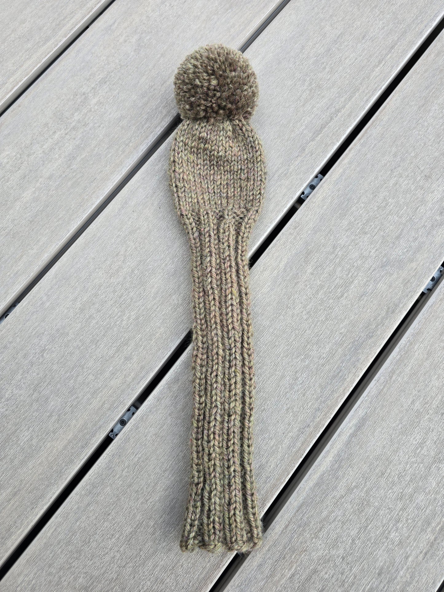 100% Wool Hand Knit Hybrid Golf Club Head Cover Retro-Vintage Olive with Pom Pom Custom for Steve