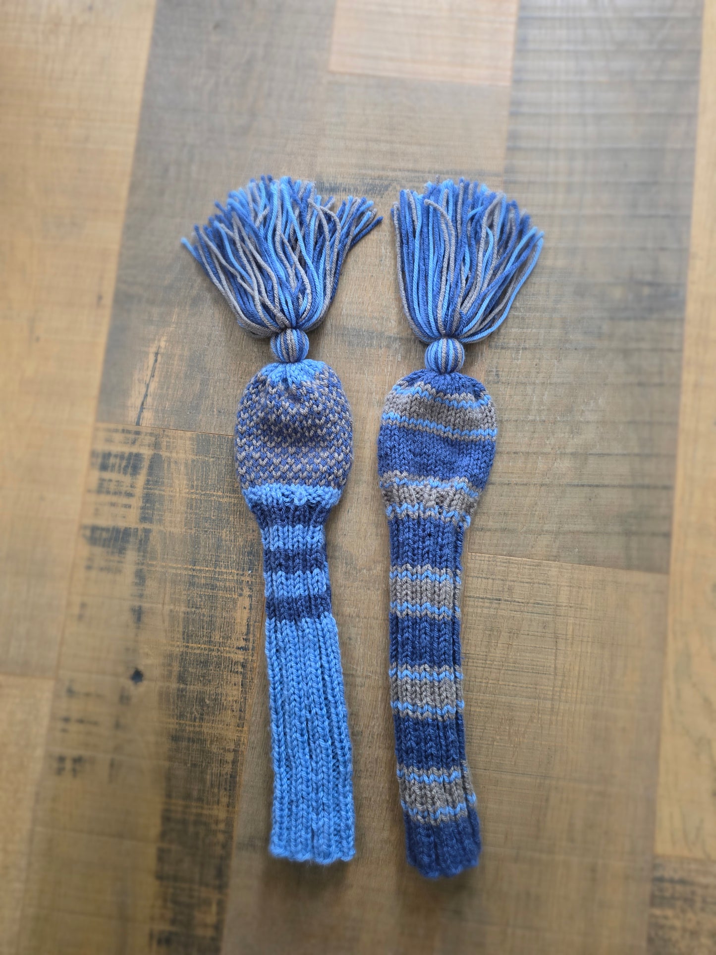 Hand Knit Golf Club Head Covers Retro-Vintage Black, Blue & Gray with Tassels for Fairway Woods