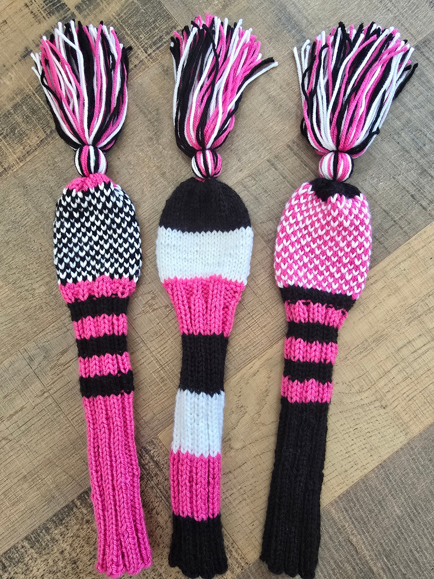 Two Hand Knit Golf Club Head Covers Retro-Vintage Black, Pink & White with Tassels for Fairway Woods