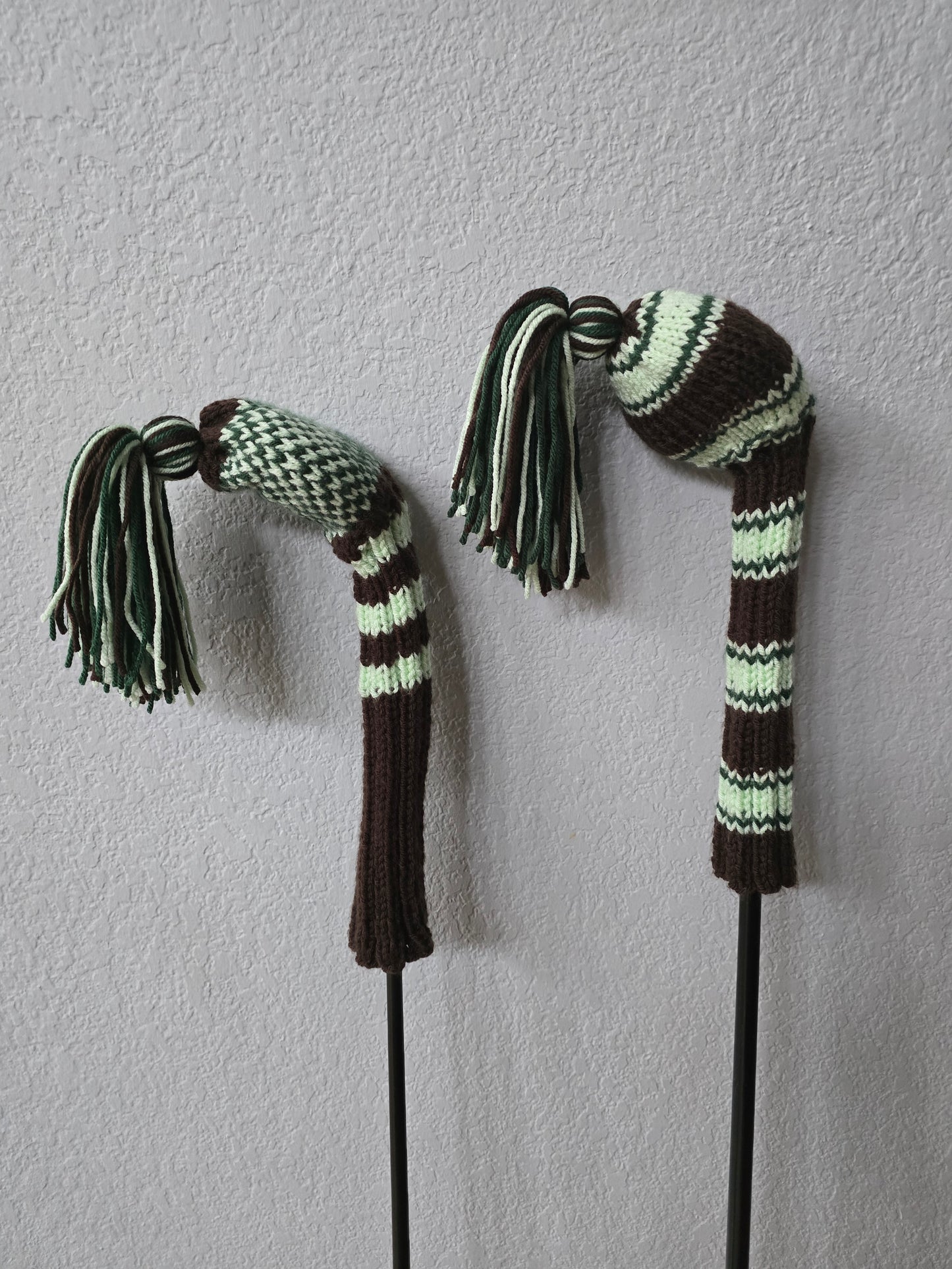 Two Hand Knit Golf Club Head Covers with Tassels for Driver and Fairway Wood Custom Order for Tristan in Brown, Hunter Green and Mint Green