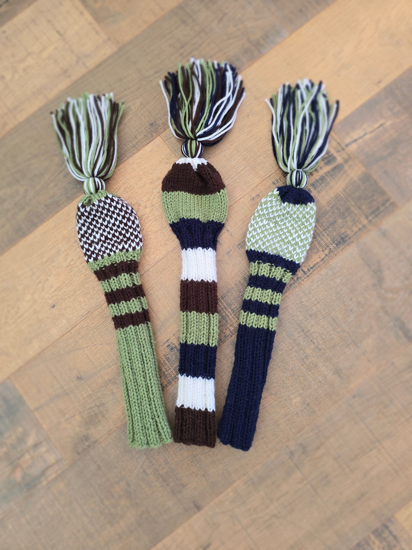 Hand Knit Golf Club Head Covers Retro-Vintage Navy, Green, Brown & White Set of Three Driver & Fairway Woods