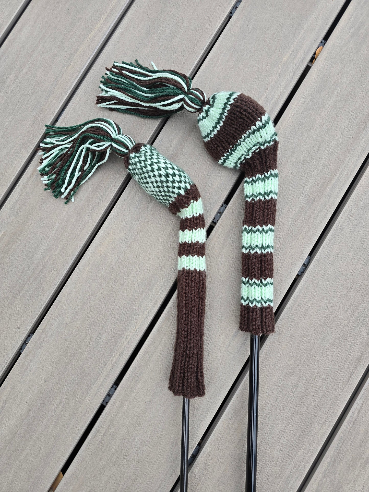 Two Hand Knit Golf Club Head Covers with Tassels for Driver and Fairway Wood Custom Order for Tristan in Brown, Hunter Green and Mint Green