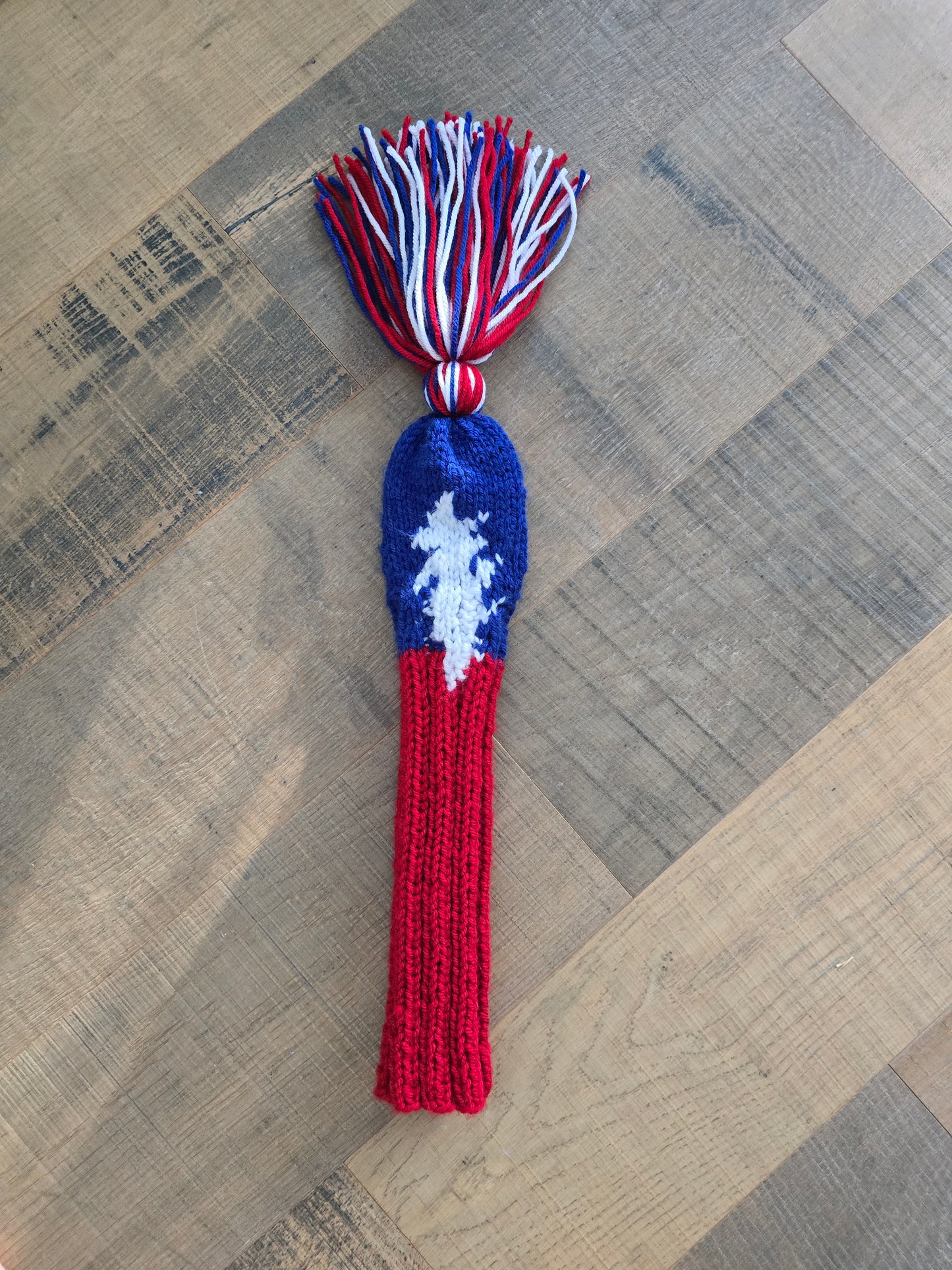 Hand Knit Fairway Cover Red, White and Blue with 13 point Lightening Bolt