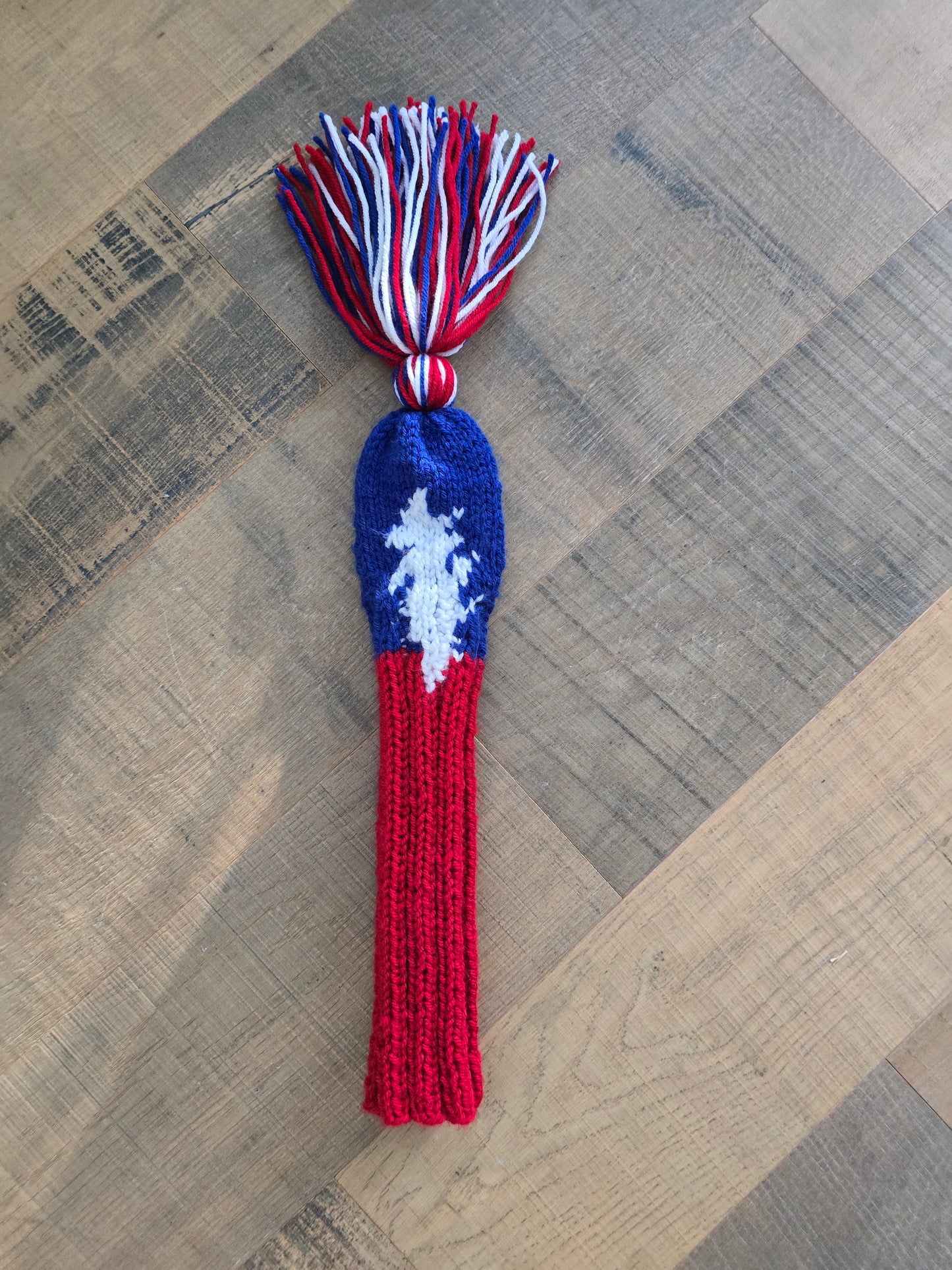 Hand Knit Fairway Cover Red, White and Blue with 13 point Lightening Bolt