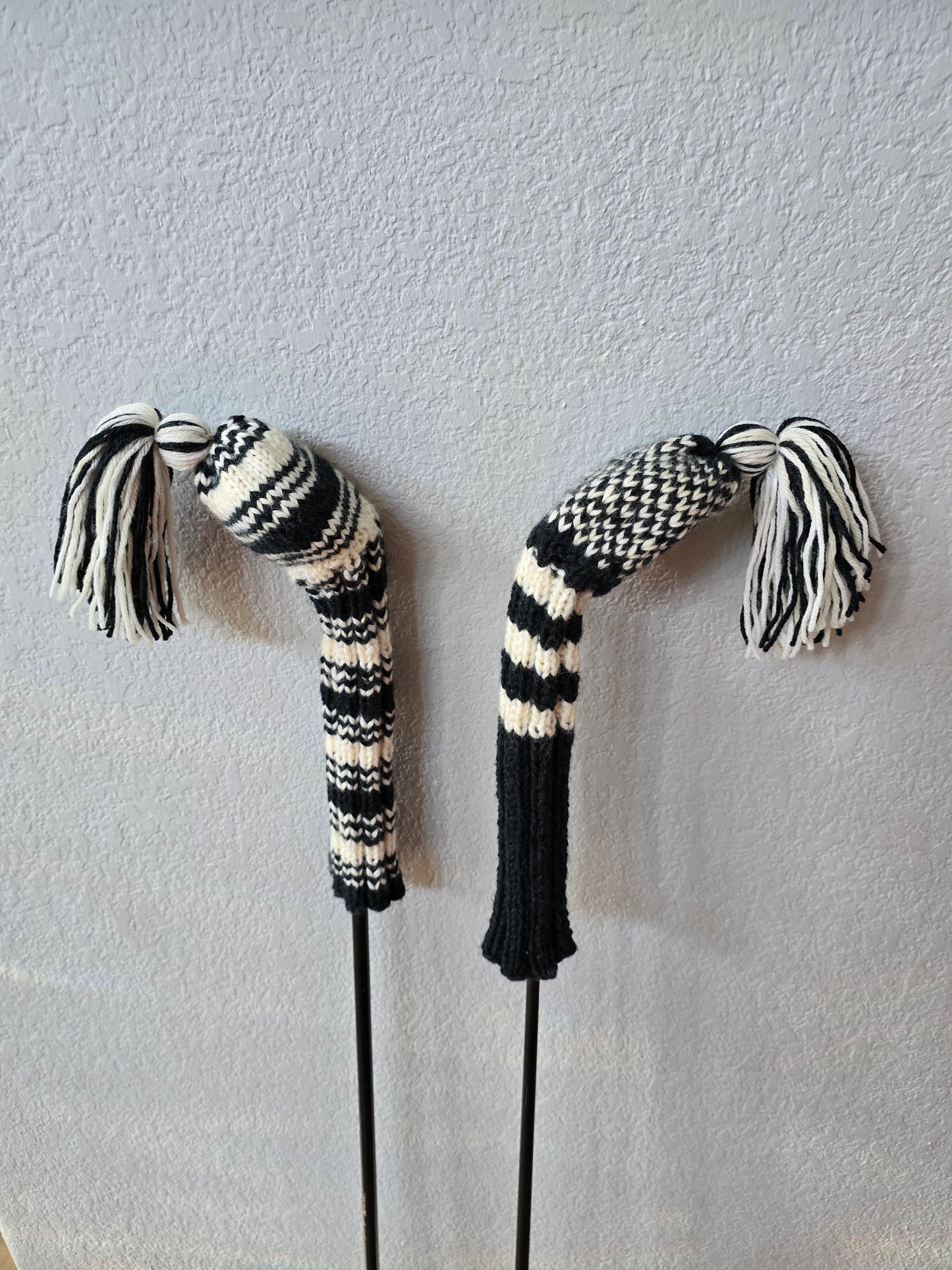 Two 100% Wool Hand Knit Golf Club Head Cover Retro-Vintage Dark Gray & Ivory with Tassel for Fairway Woods