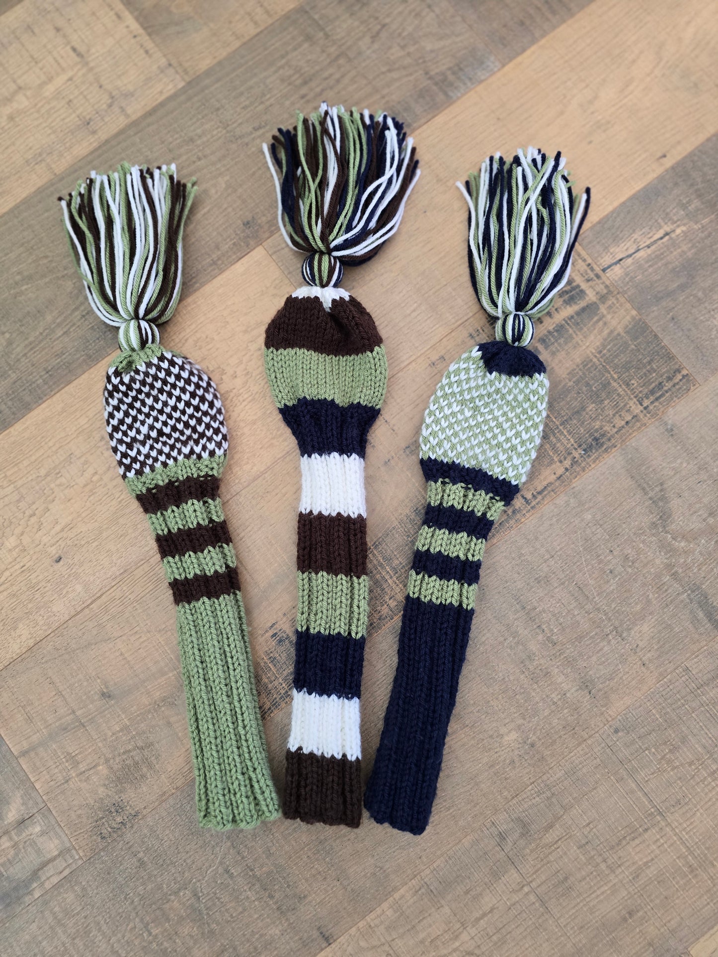 Hand Knit Golf Club Head Covers Retro-Vintage Navy, Green, Brown & White Set of Three Driver & Fairway Woods