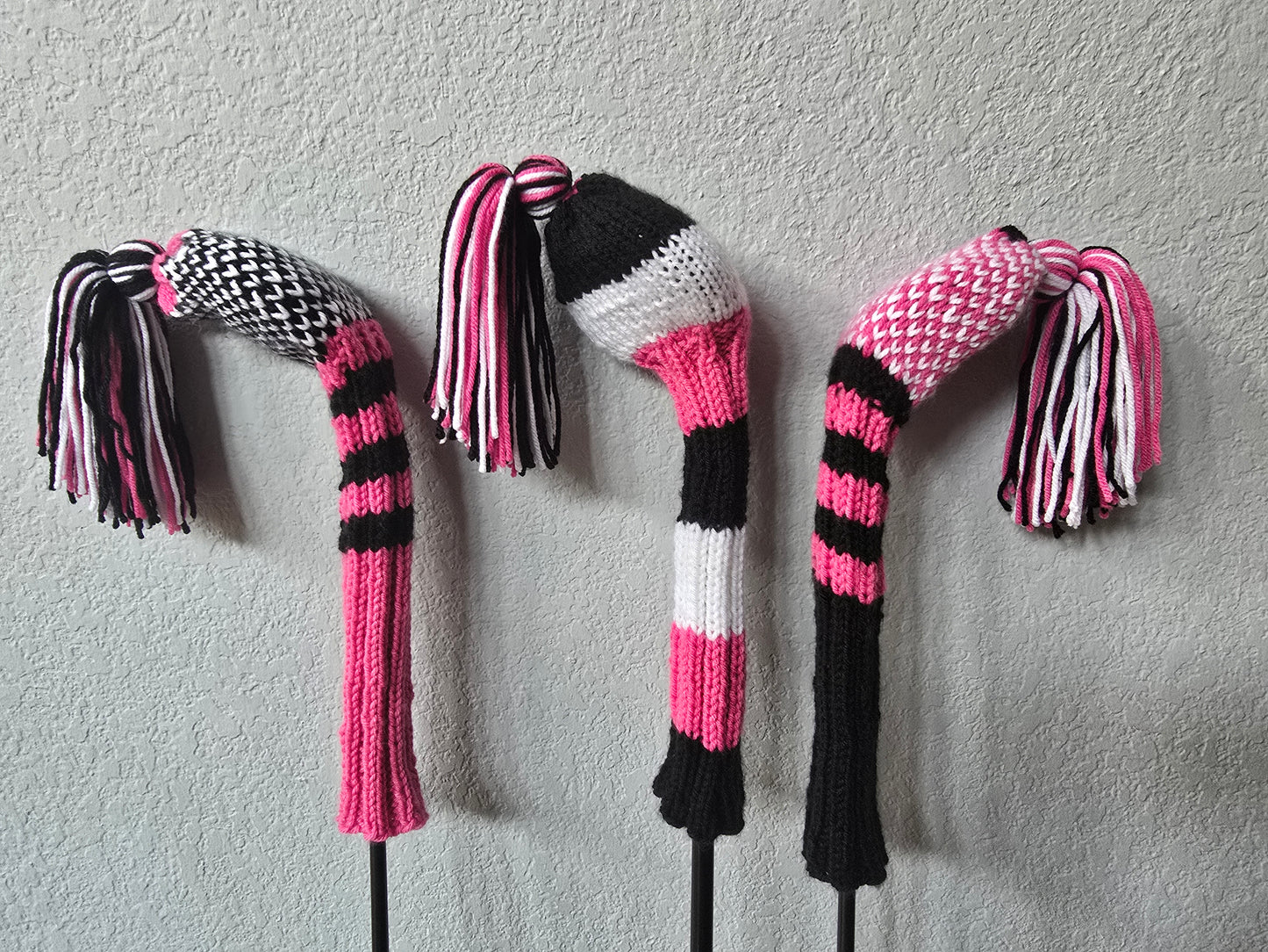 Two Hand Knit Golf Club Head Covers Retro-Vintage Black, Pink & White with Tassels for Fairway Woods