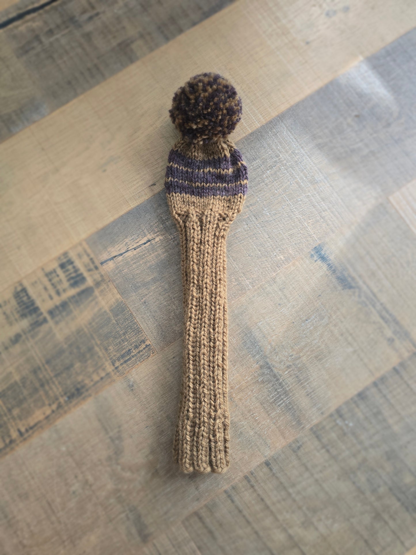 100% Wool Hand Knit Hybrid Golf Club Head Cover Retro-Vintage Brown &Tan with Pom Pom