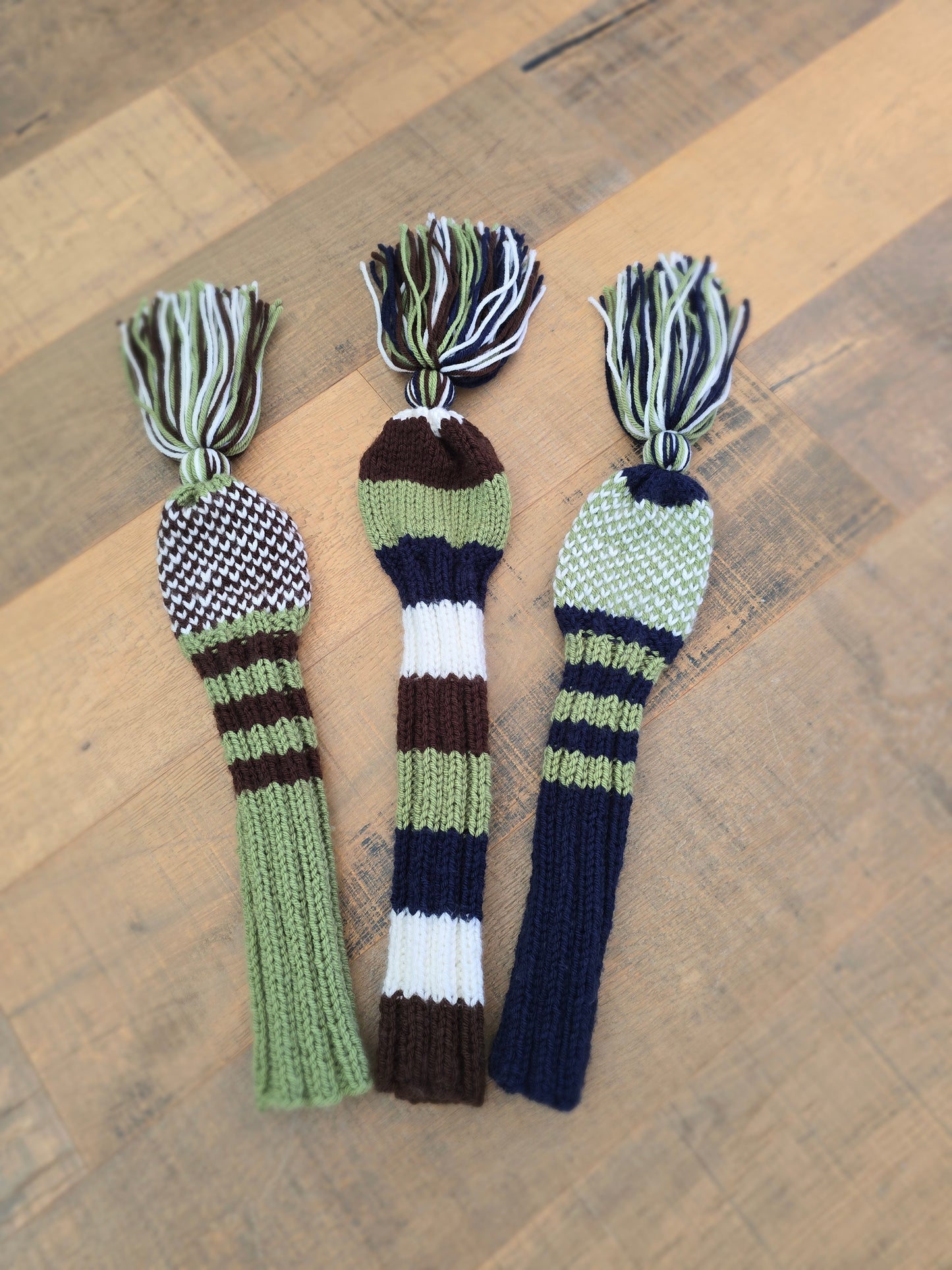 Hand Knit Golf Club Head Covers Retro-Vintage Navy, Green, Brown & White Set of Three Driver & Fairway Woods