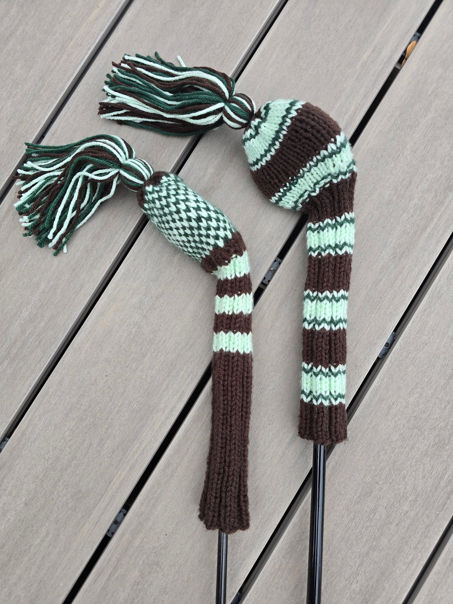 Two Hand Knit Golf Club Head Covers with Tassels for Driver and Fairway Wood Custom Order for Tristan in Brown, Hunter Green and Mint Green