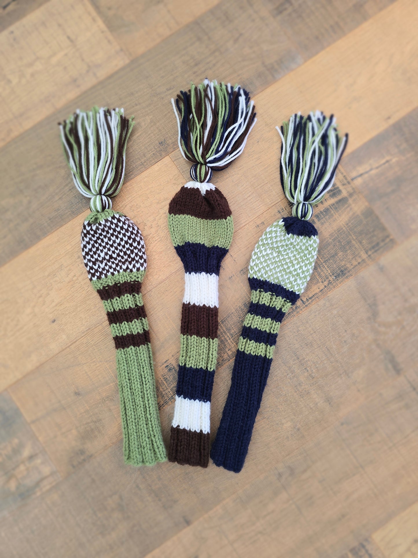 Hand Knit Golf Club Head Covers Retro-Vintage Navy, Green, Brown & White Set of Three Driver & Fairway Woods