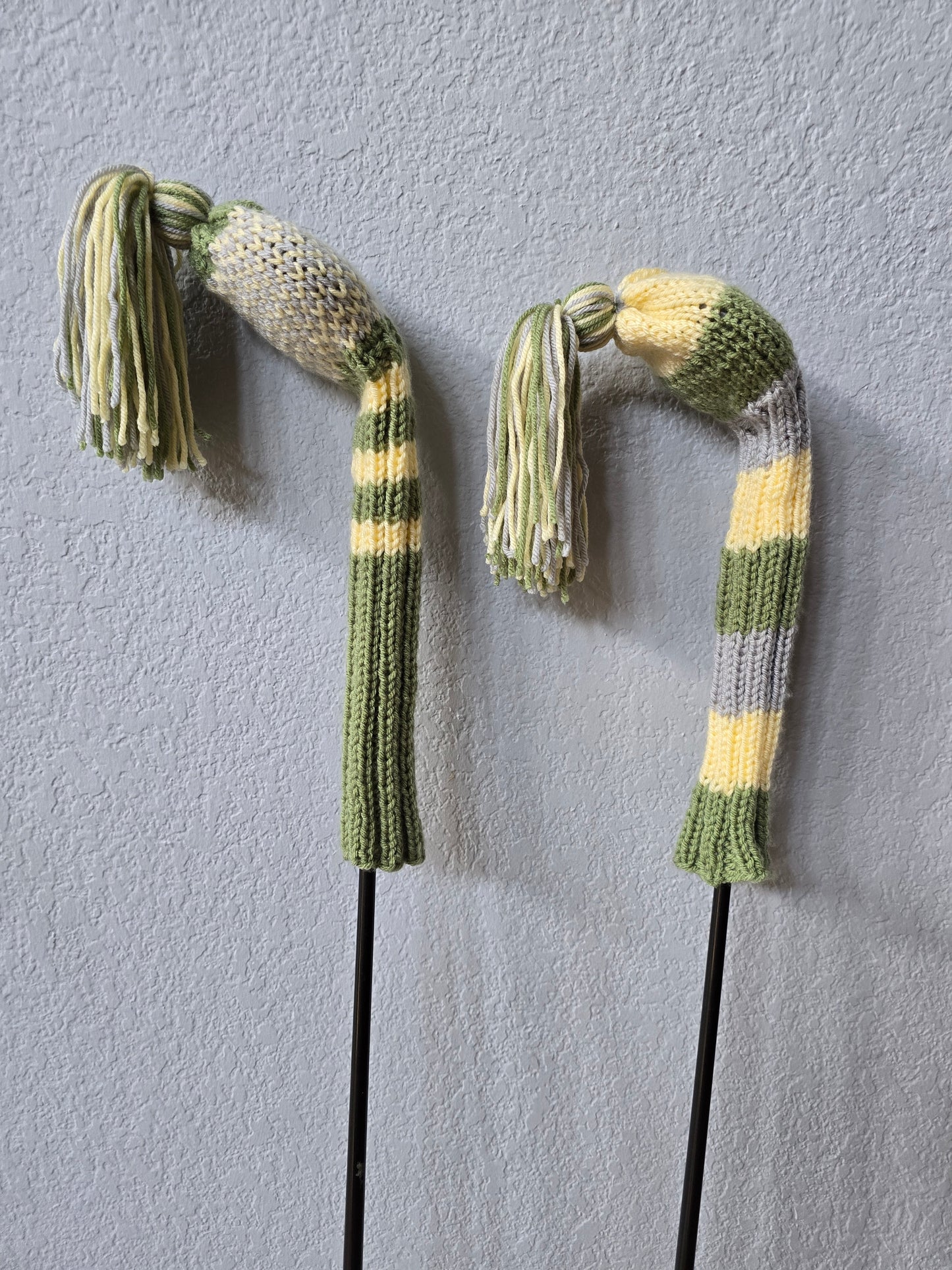 Two Golf Club Head Covers Retro-Vintage Green, Yellow & Gray with Tassels for Fairway Woods