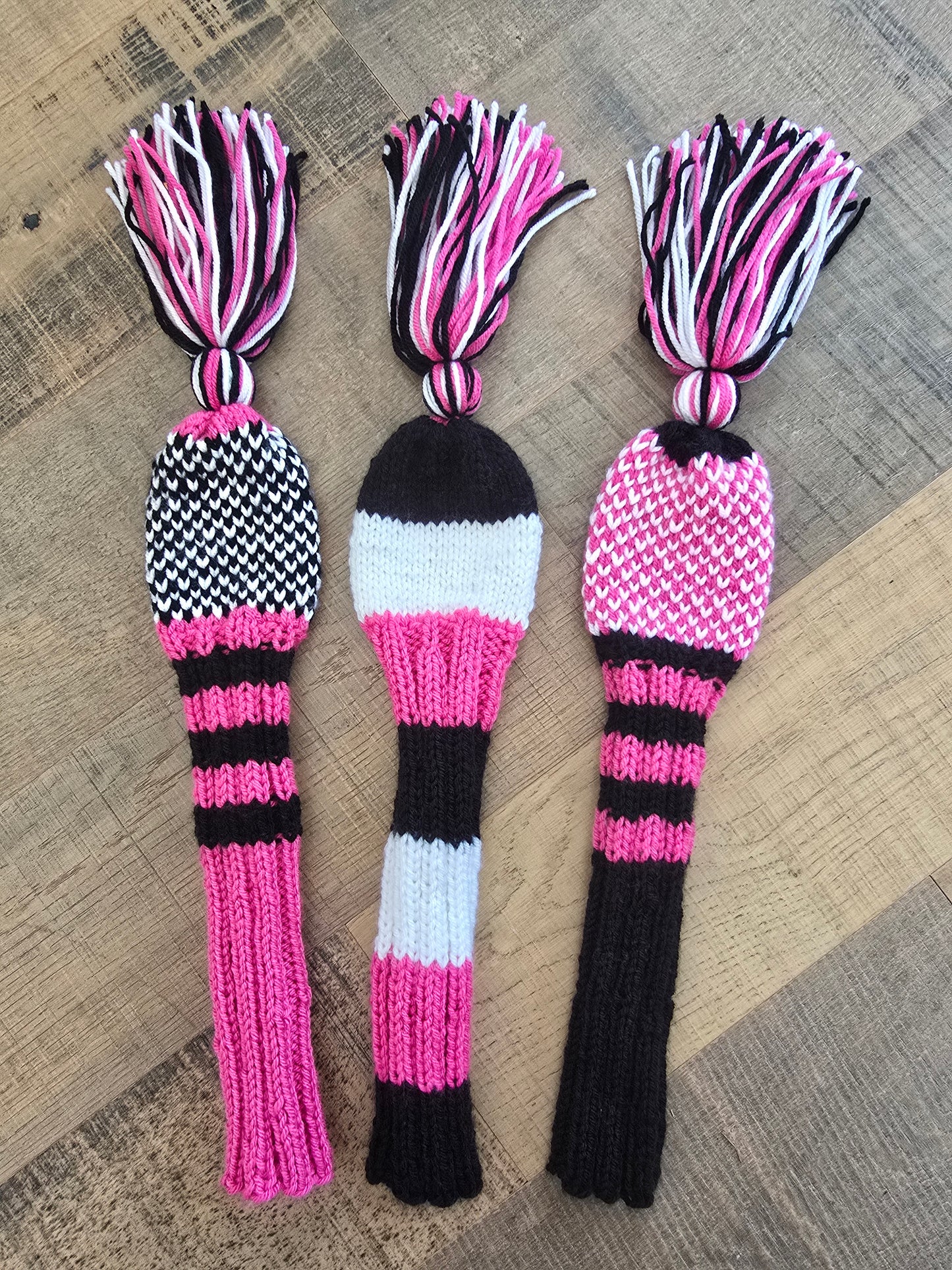 Two Hand Knit Golf Club Head Covers Retro-Vintage Black, Pink & White with Tassels for Fairway Woods